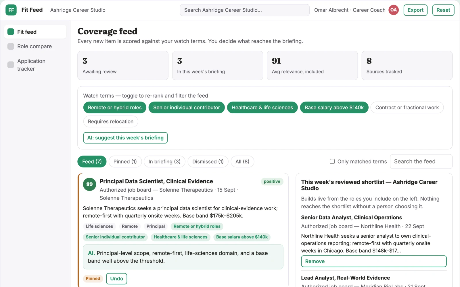 Screenshot of the Transparent job-fit matching and application workbench interactive demo