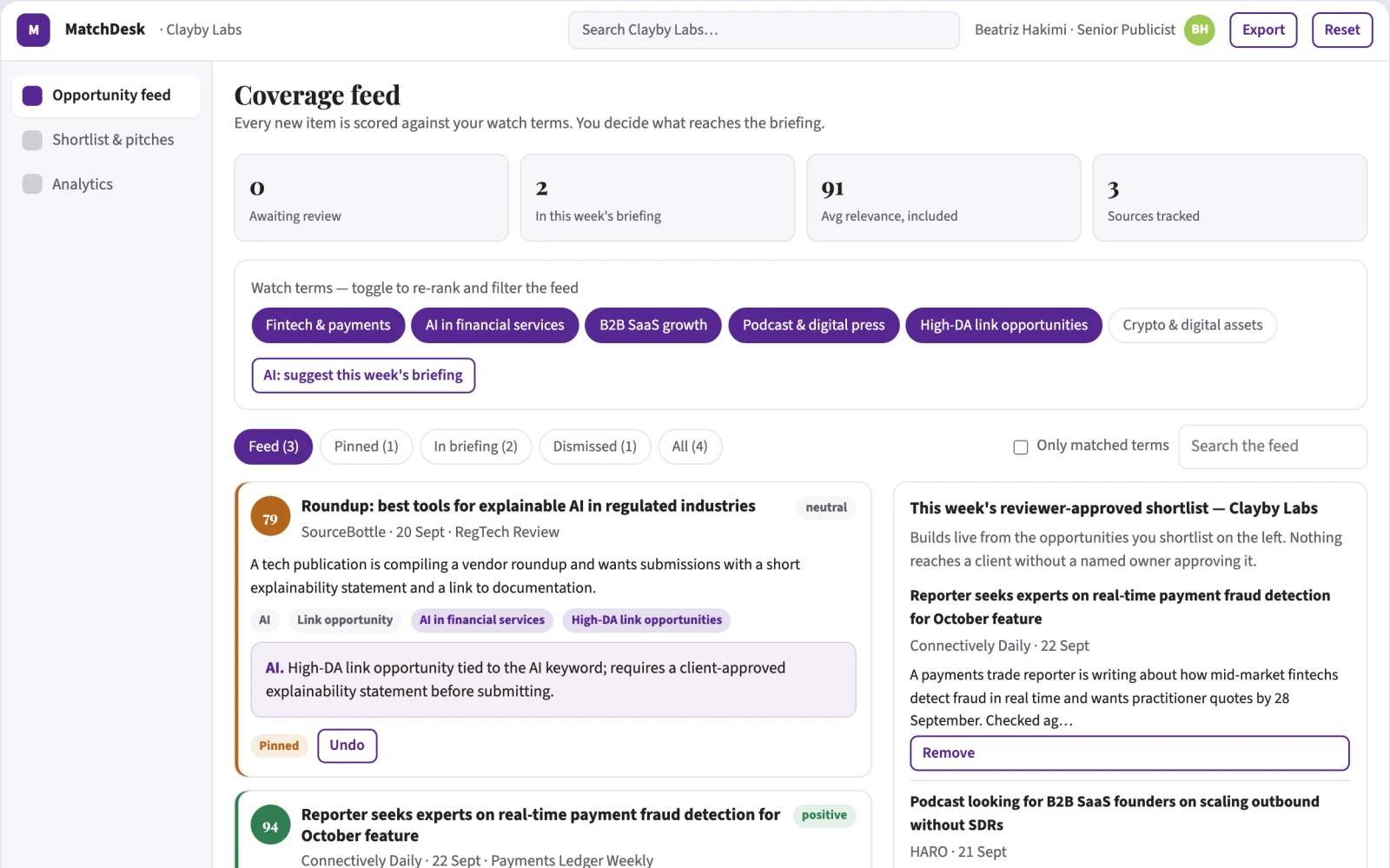 Screenshot of the Transparent media opportunity matching and pitch workbench interactive demo