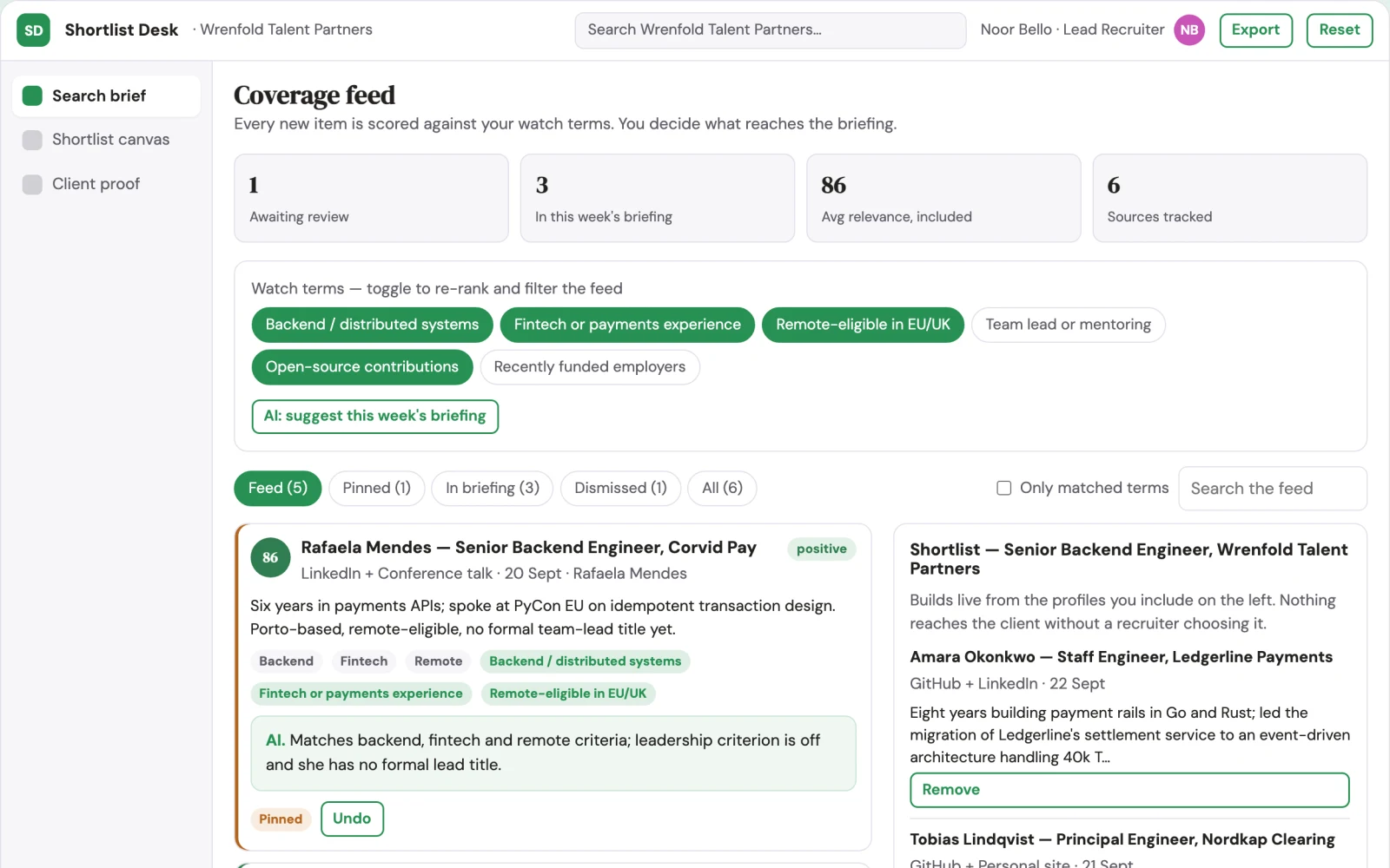 Screenshot of the Transparent opportunity matching and shortlist platform interactive demo