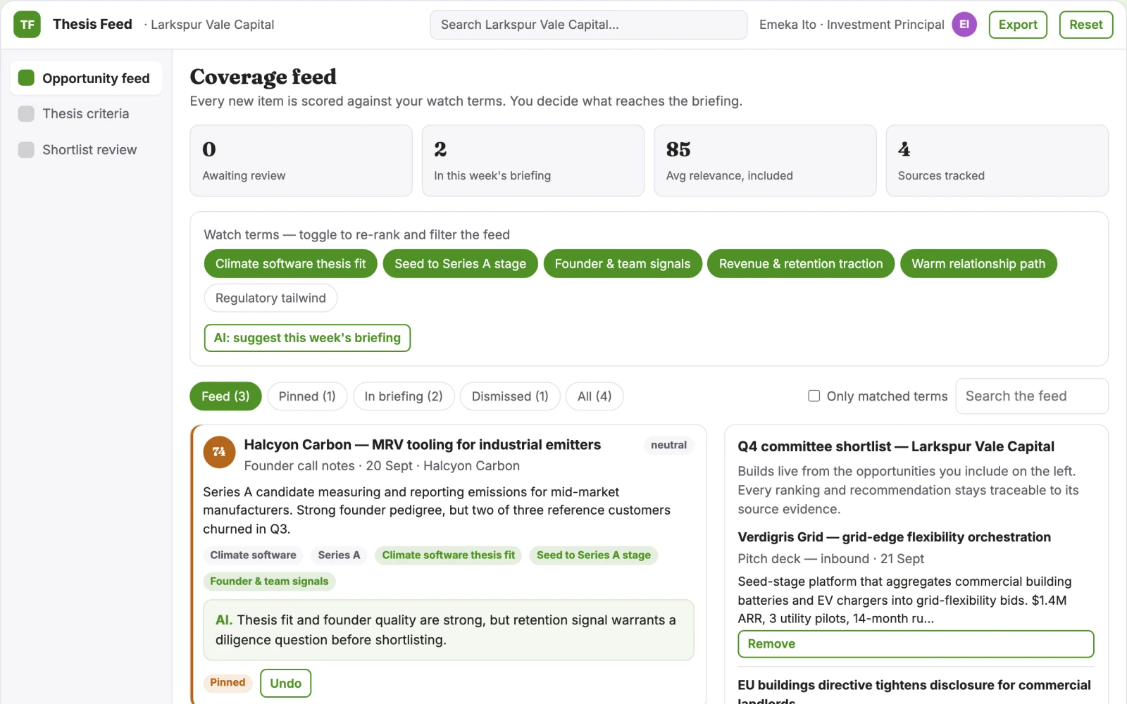 Screenshot of the Transparent opportunity matching and shortlist platform interactive demo