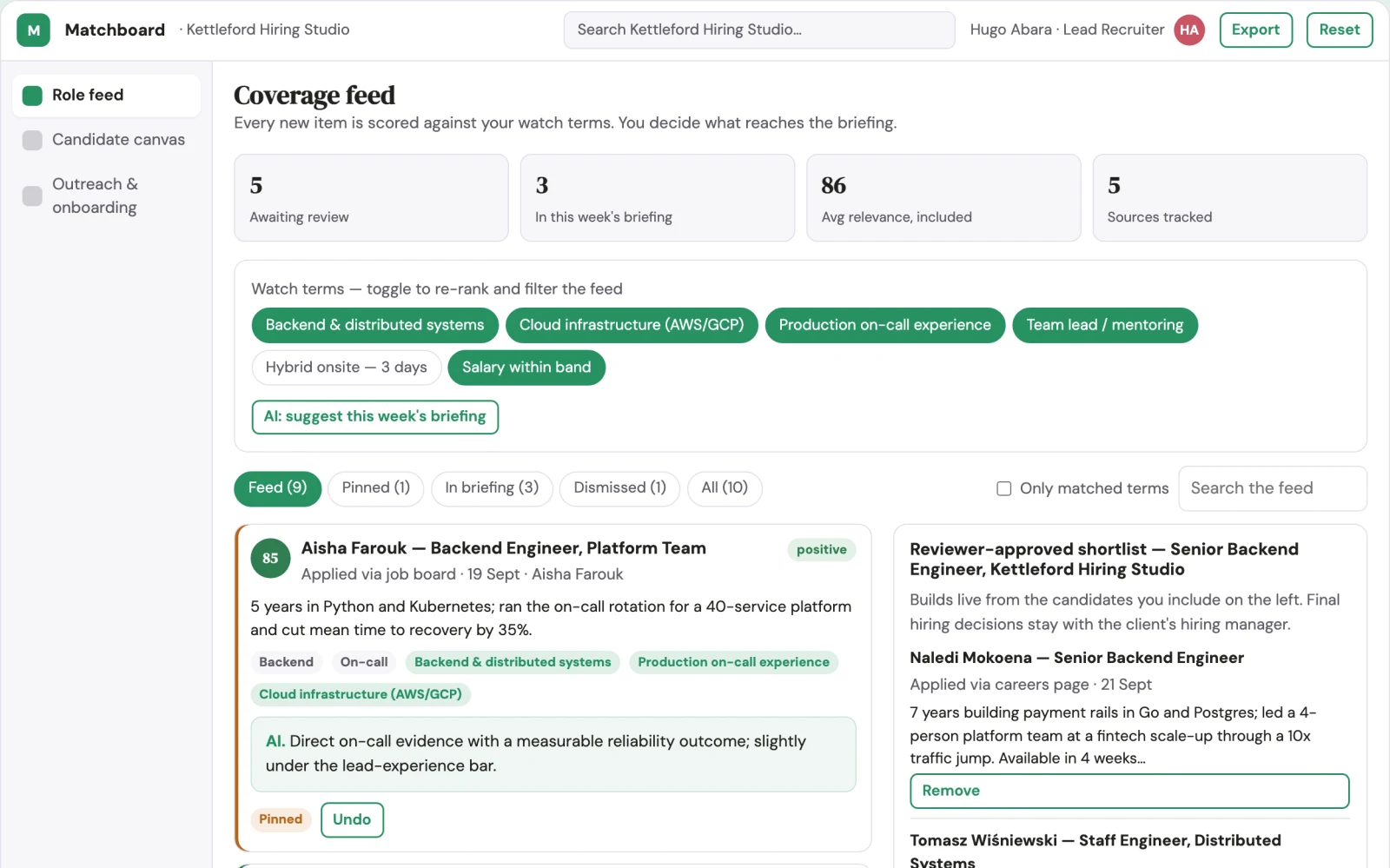 Screenshot of the Transparent opportunity matching and shortlist platform interactive demo