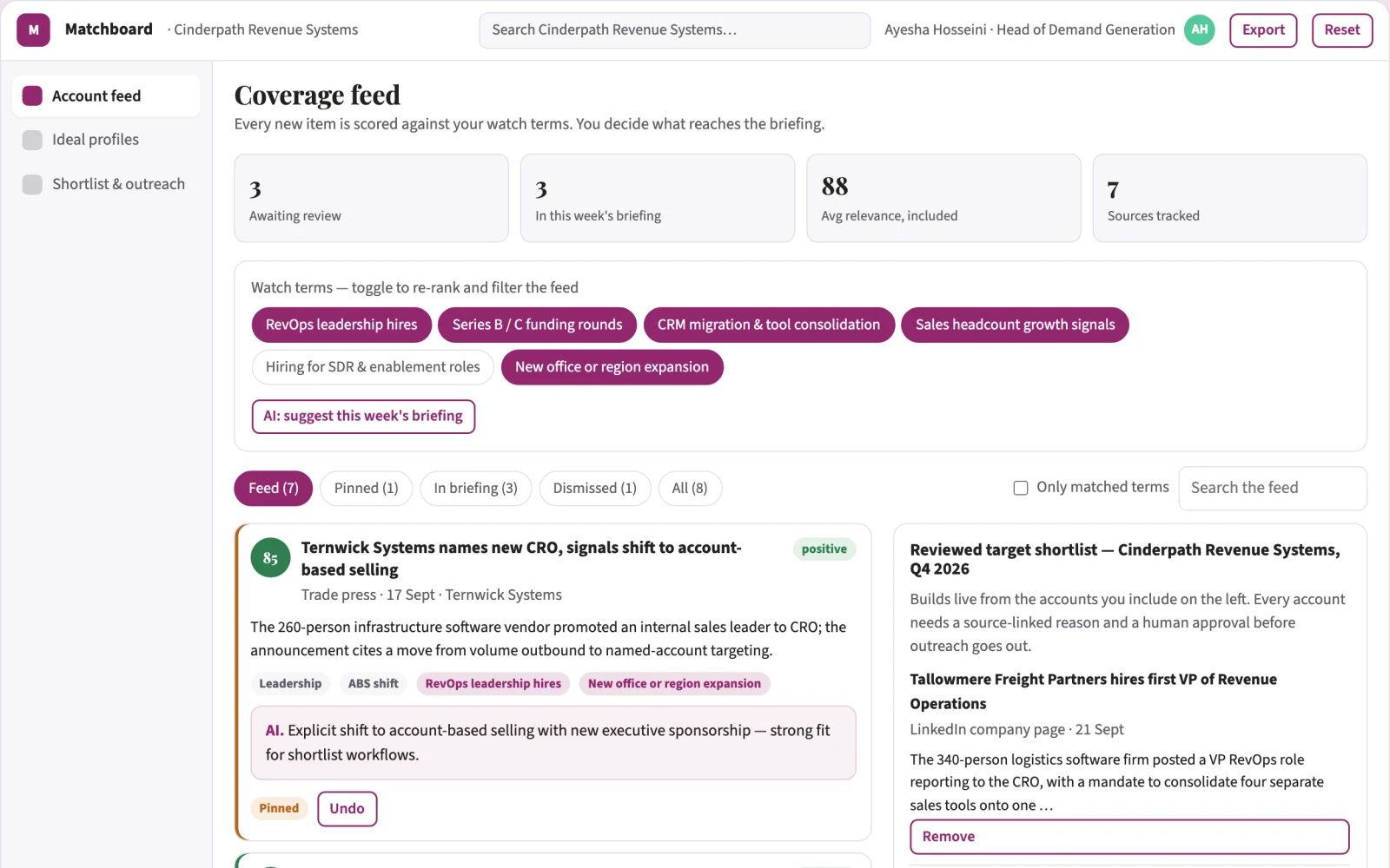 Screenshot of the Transparent opportunity matching and shortlist platform interactive demo