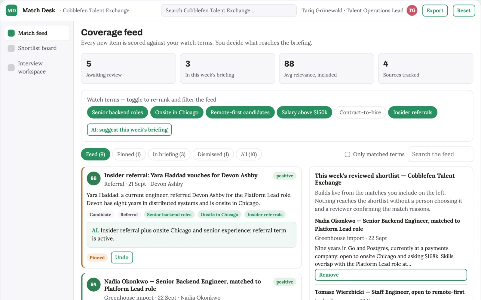 Screenshot of the Transparent opportunity matching and shortlist platform interactive demo