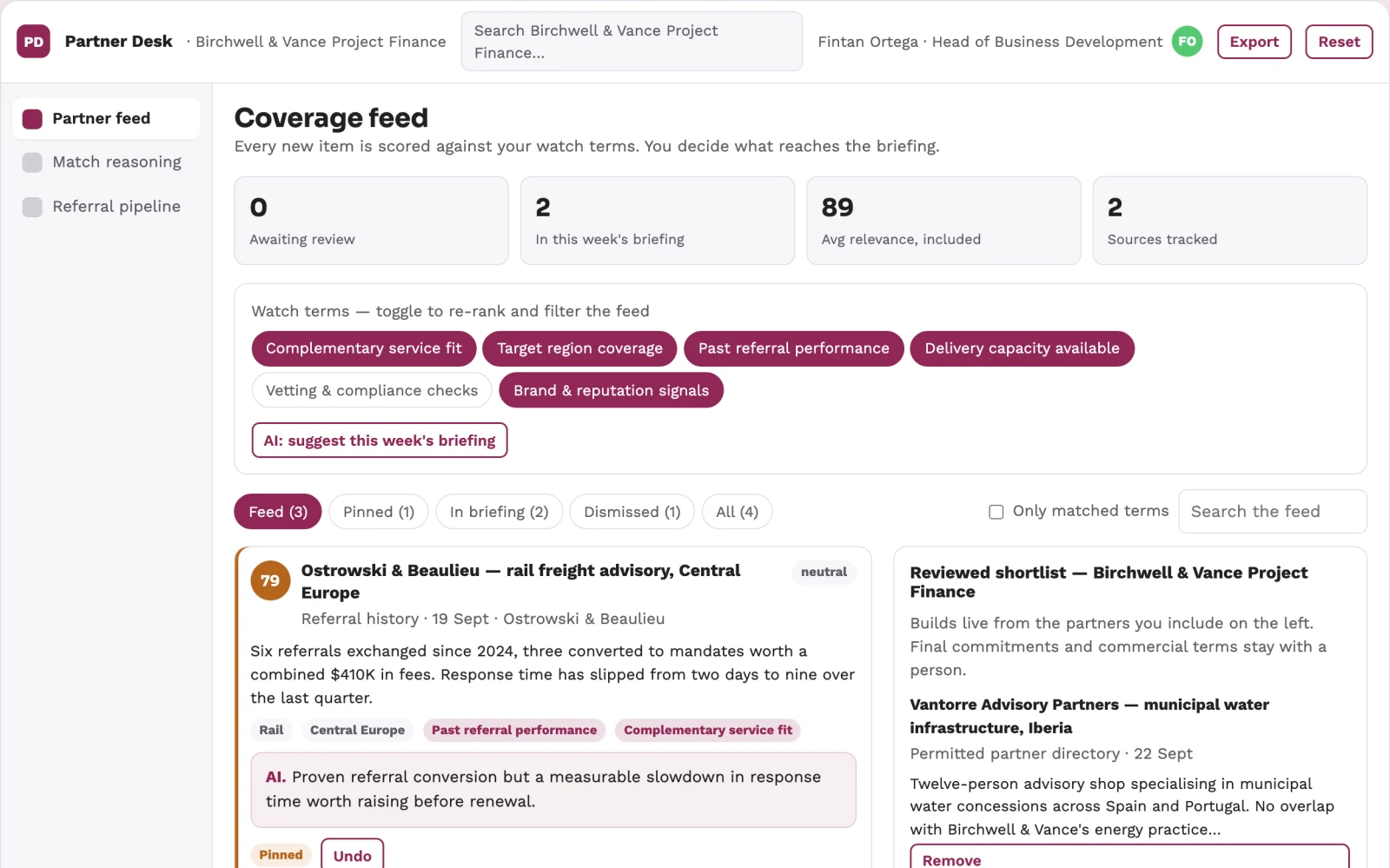 Screenshot of the Transparent partner matching and referral workbench interactive demo