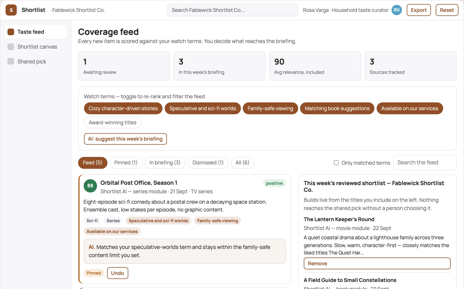 Screenshot of the Transparent title-based watch and read shortlist workbench interactive demo