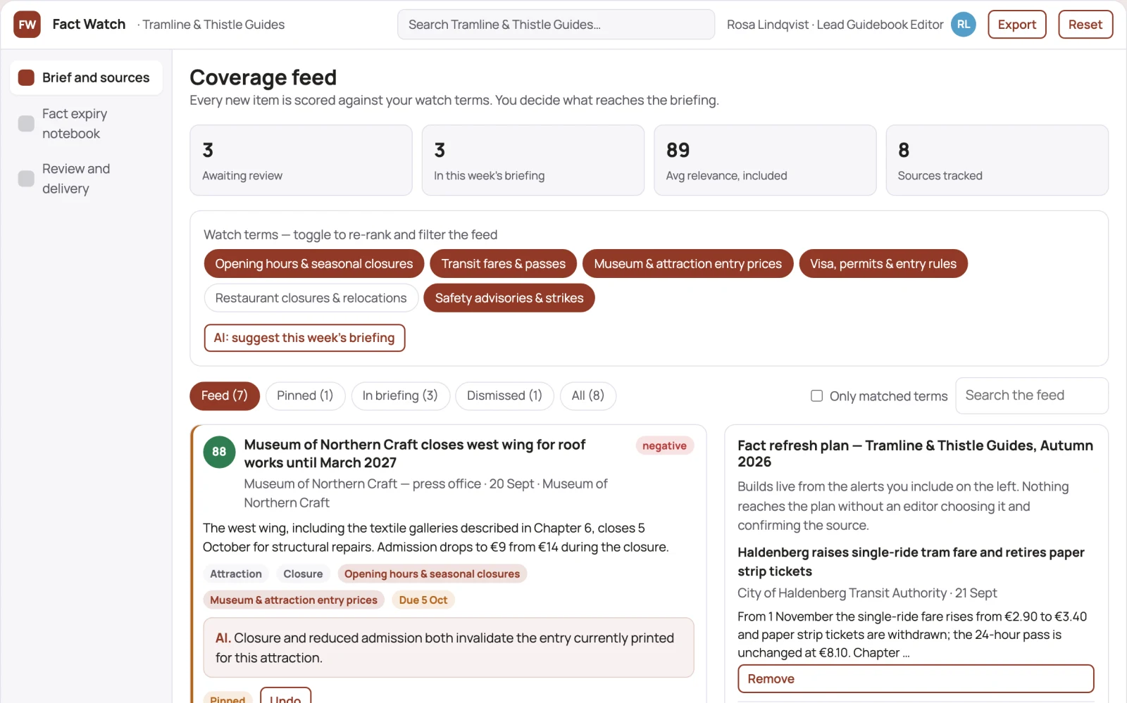 Screenshot of the Travel guide fact expiry notebook interactive demo