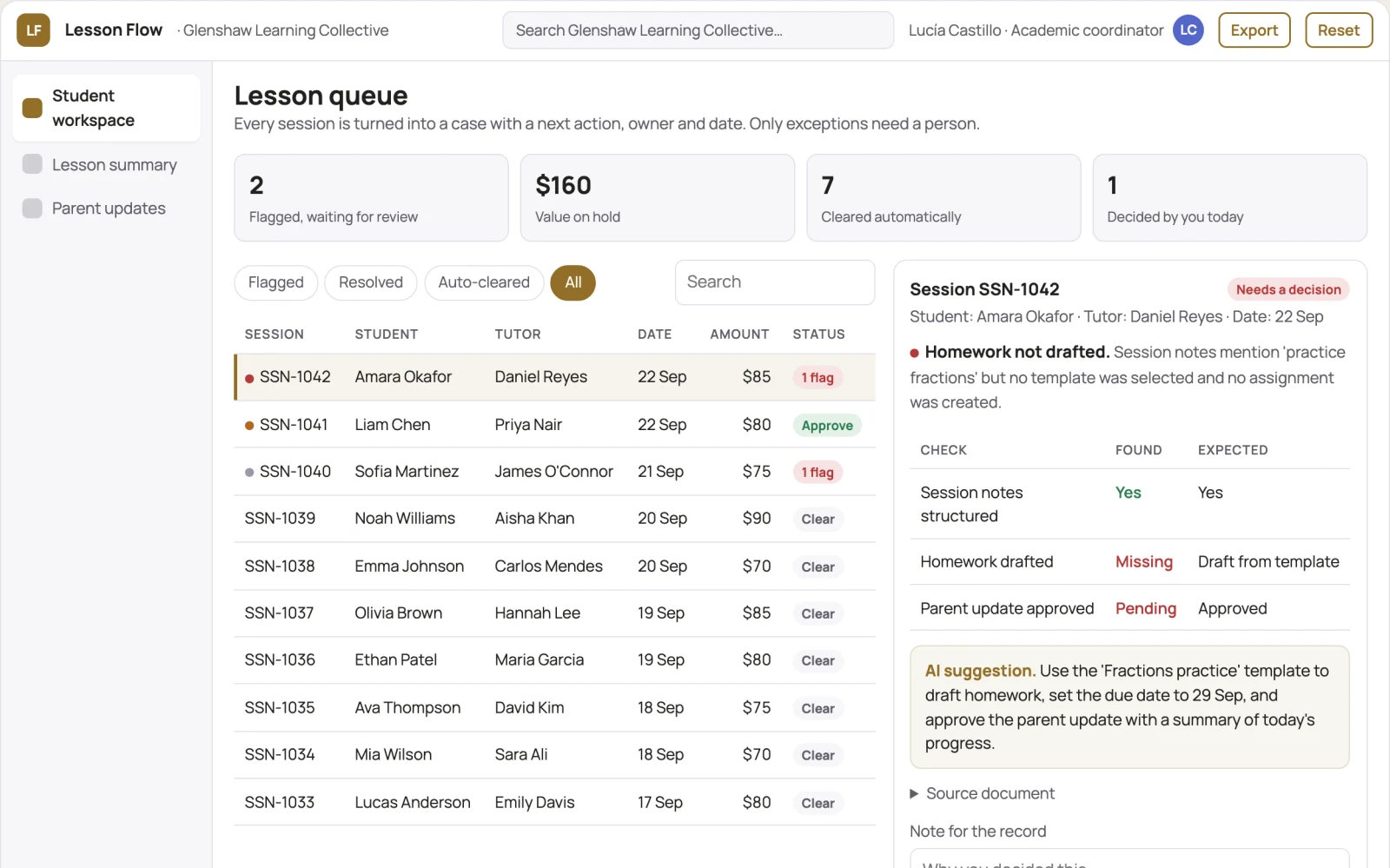 Screenshot of the Tutor administration assistant interactive demo