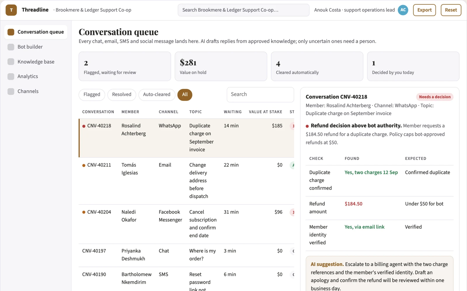 Screenshot of the Unified AI customer conversation and support portal interactive demo