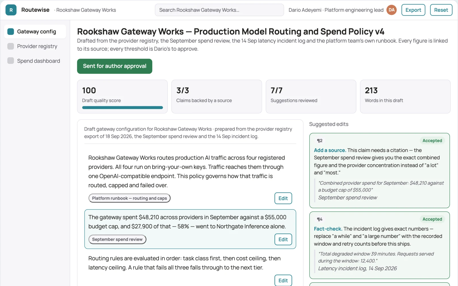 Screenshot of the Unified model routing and spend control workspace interactive demo