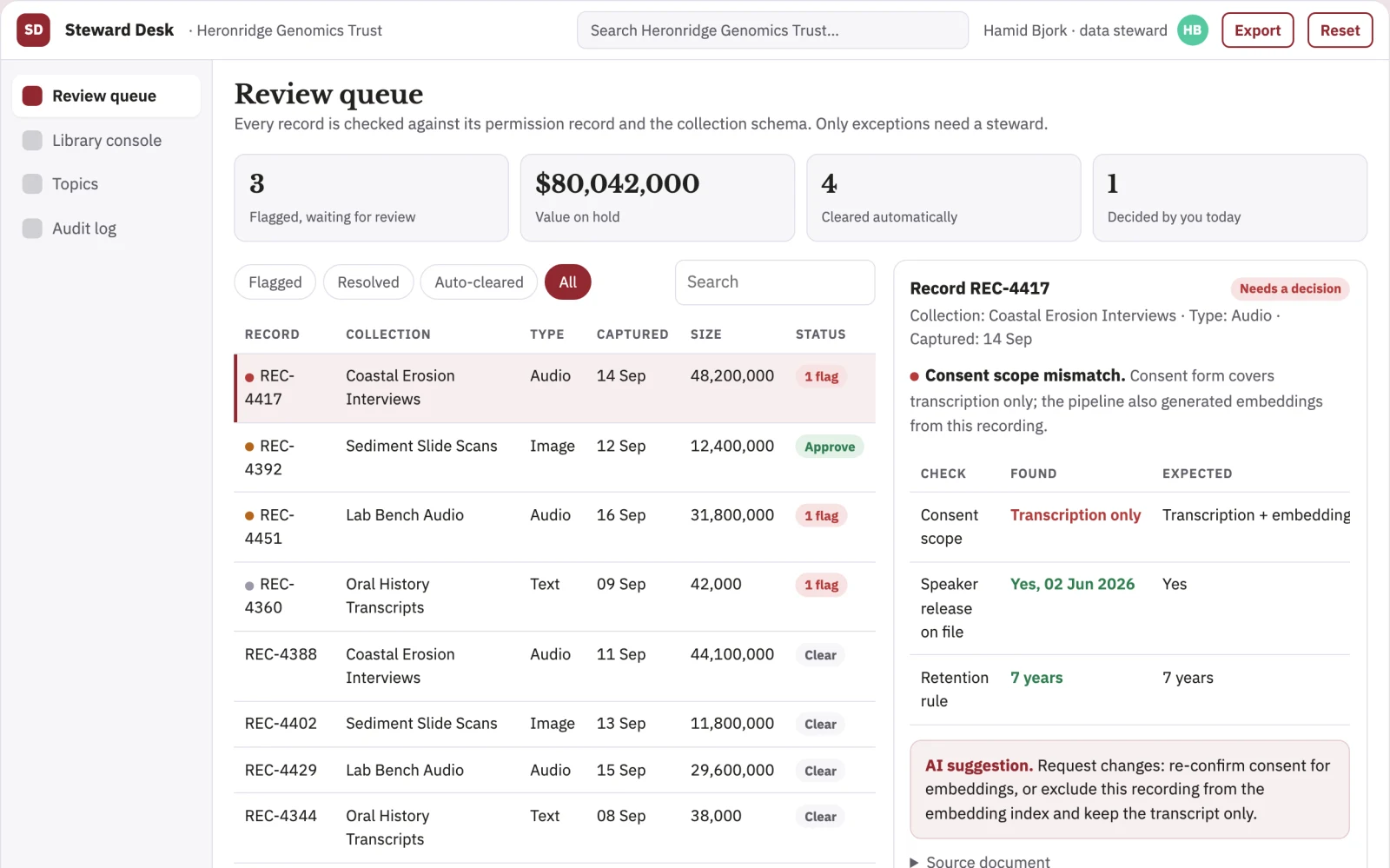 Screenshot of the Unstructured research data stewardship console interactive demo