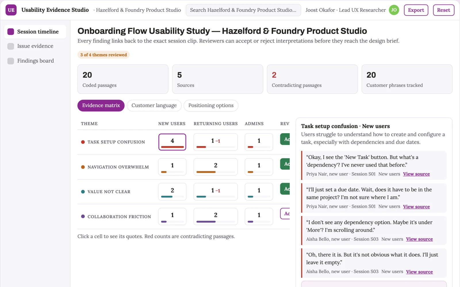 Demo screen of Usability research assistant