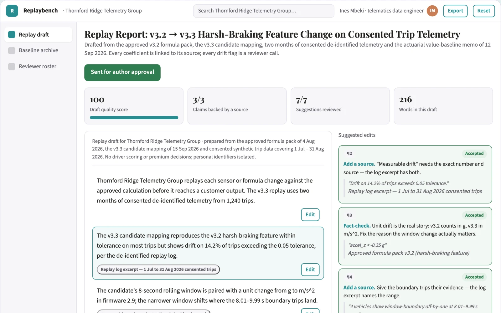 Screenshot of the Usage-based insurance data replay workbench interactive demo