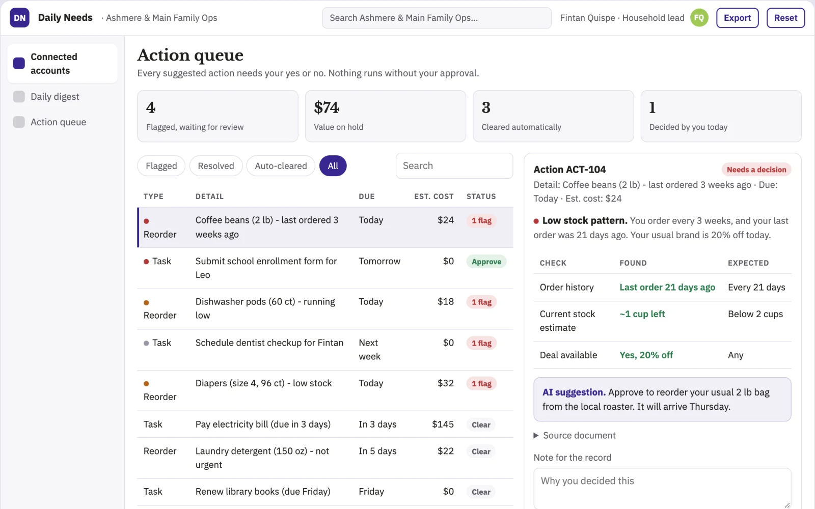 Demo screen of Daily Needs Agent