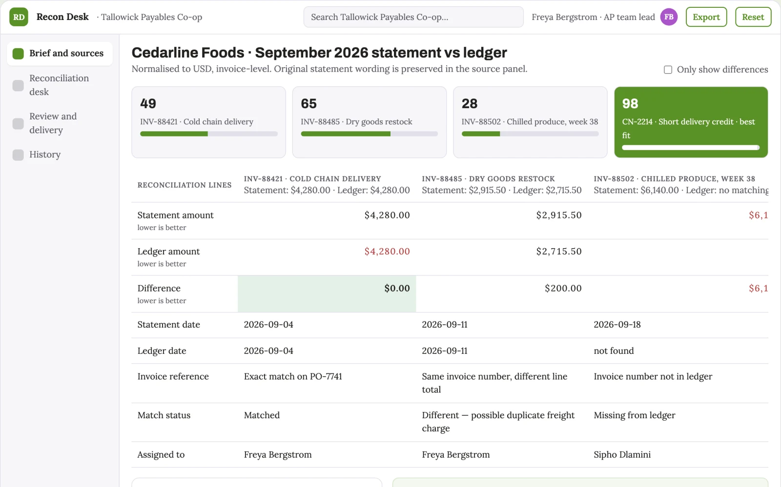 Screenshot of the Vendor statement reconciliation desk interactive demo