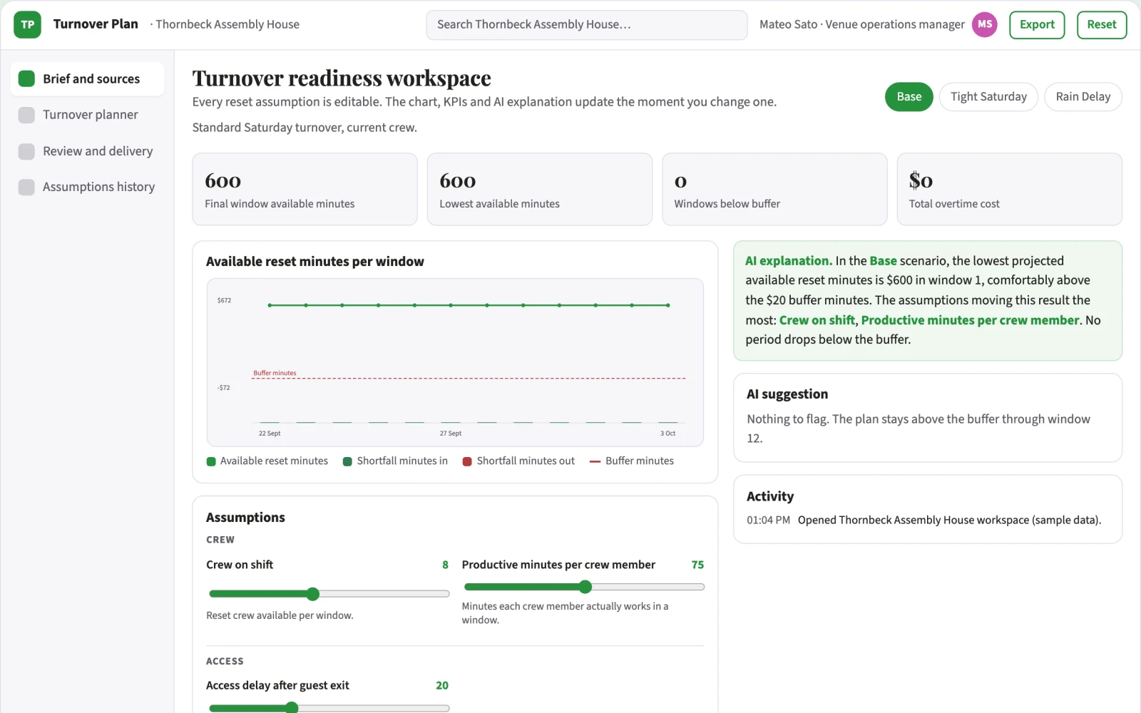 Screenshot of the Venue turnover readiness planner interactive demo