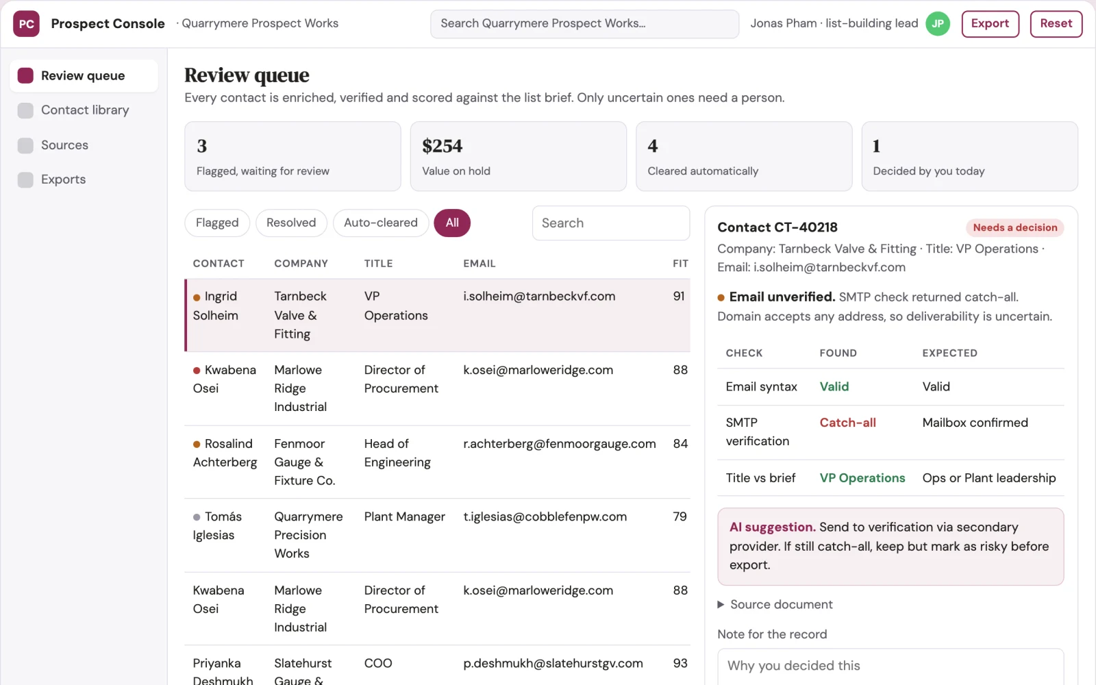 Screenshot of the Verified prospect list assembly and enrichment console interactive demo