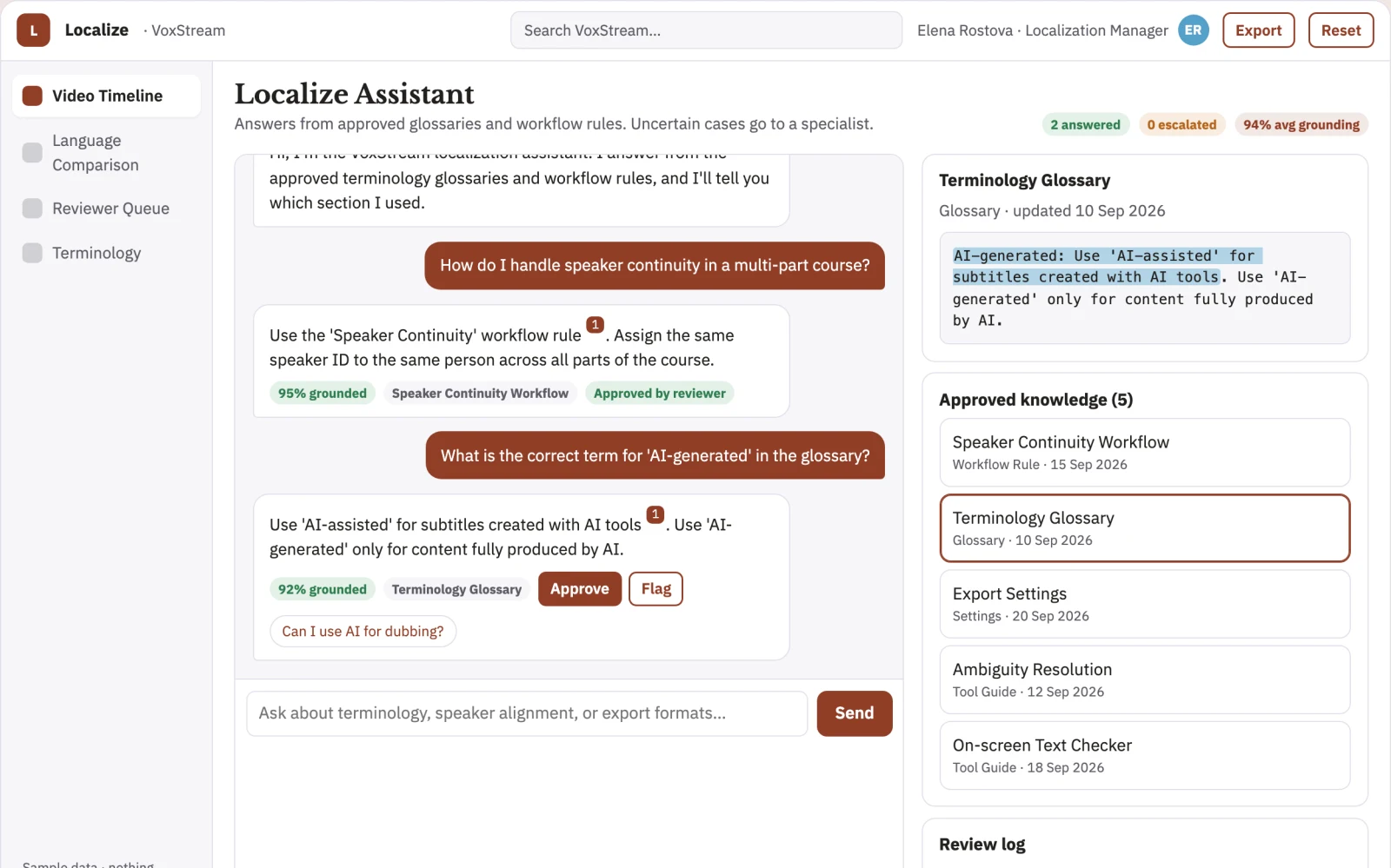 Screenshot of the Video localization service interactive demo