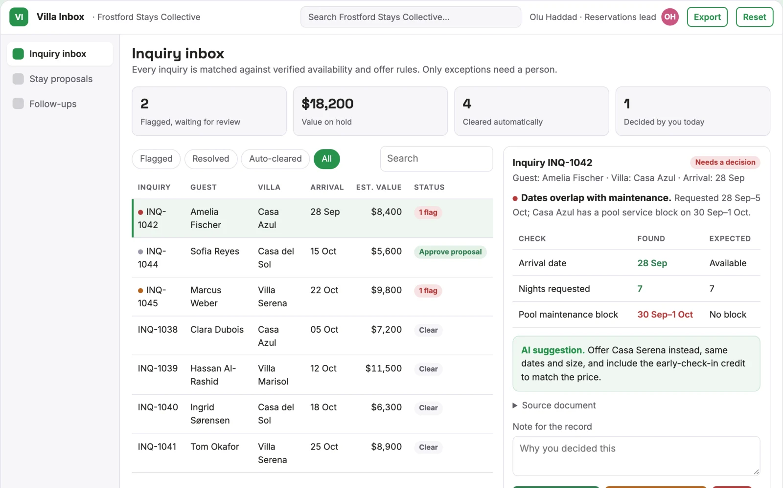 Demo screen of Villa inquiry conversion service