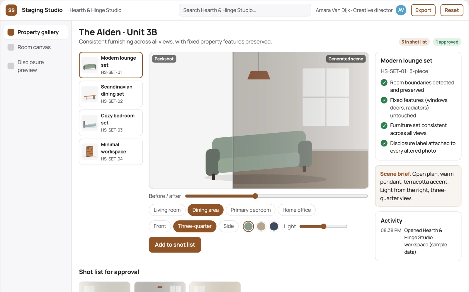 Demo screen of Virtual staging studio