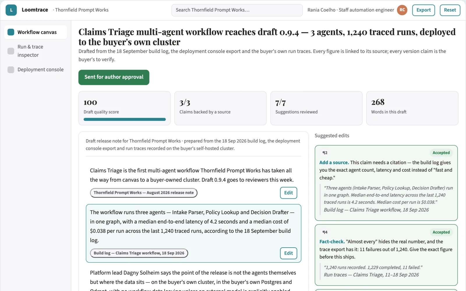 Screenshot of the Visual multi-agent workflow delivery workspace interactive demo