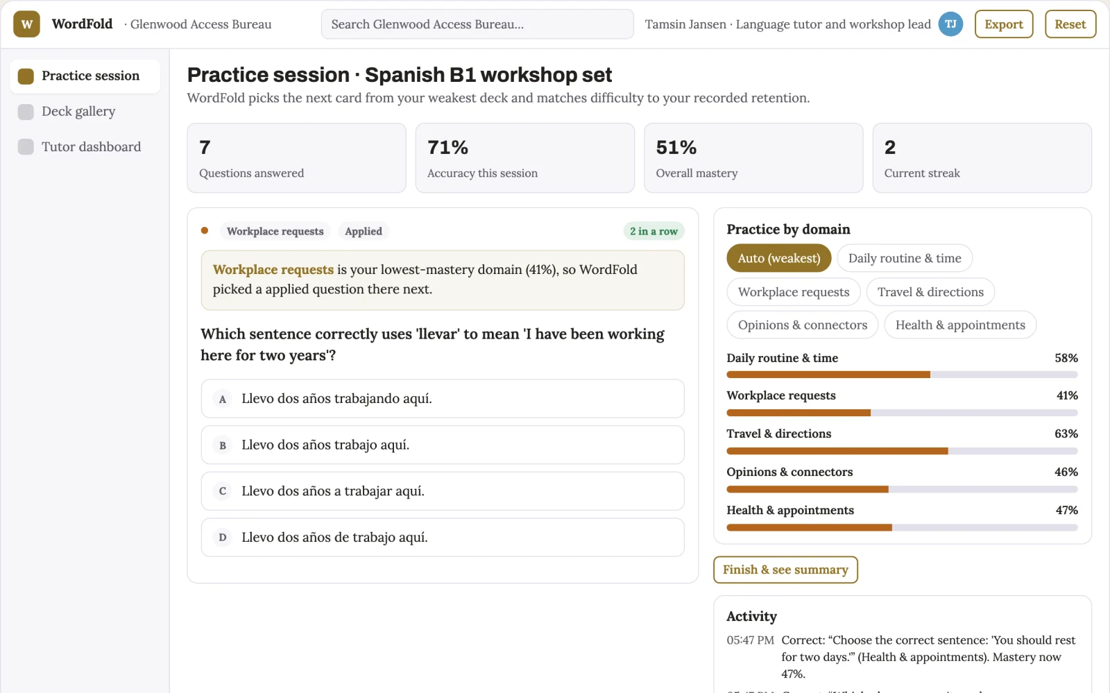Screenshot of the Vocabulary retention practice and workshop platform interactive demo