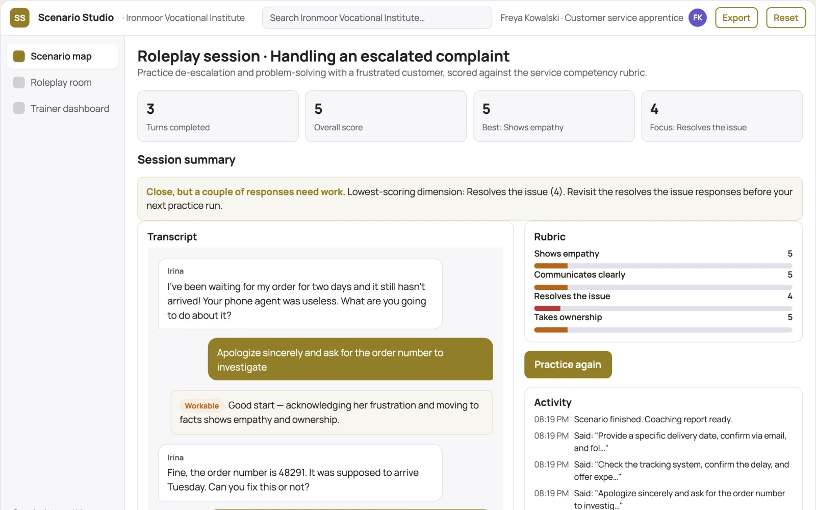 Demo screen of Vocational scenario simulator