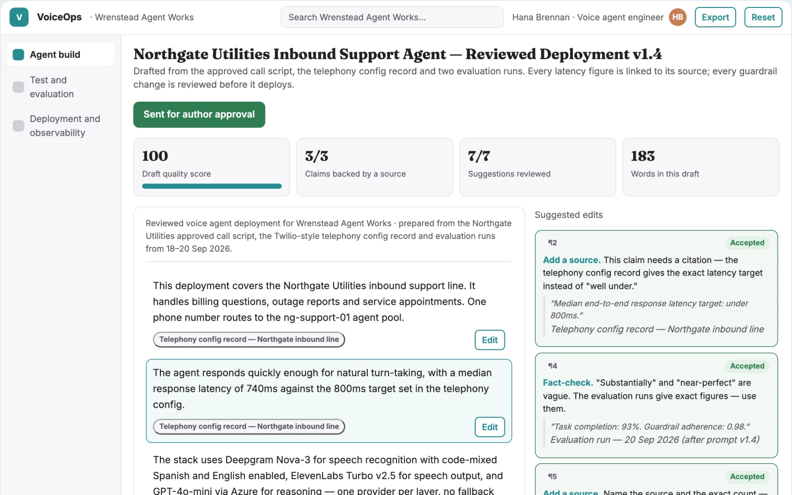 Screenshot of the Voice agent build and operations workspace interactive demo