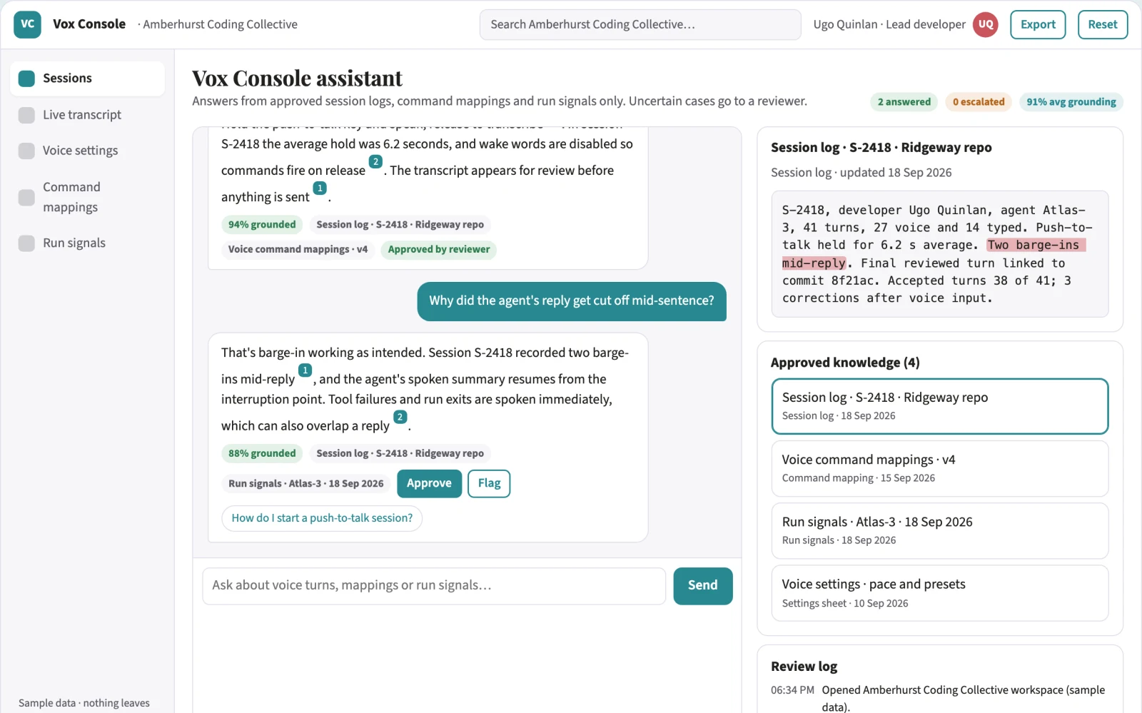 Screenshot of the Voice-driven coding agent console interactive demo