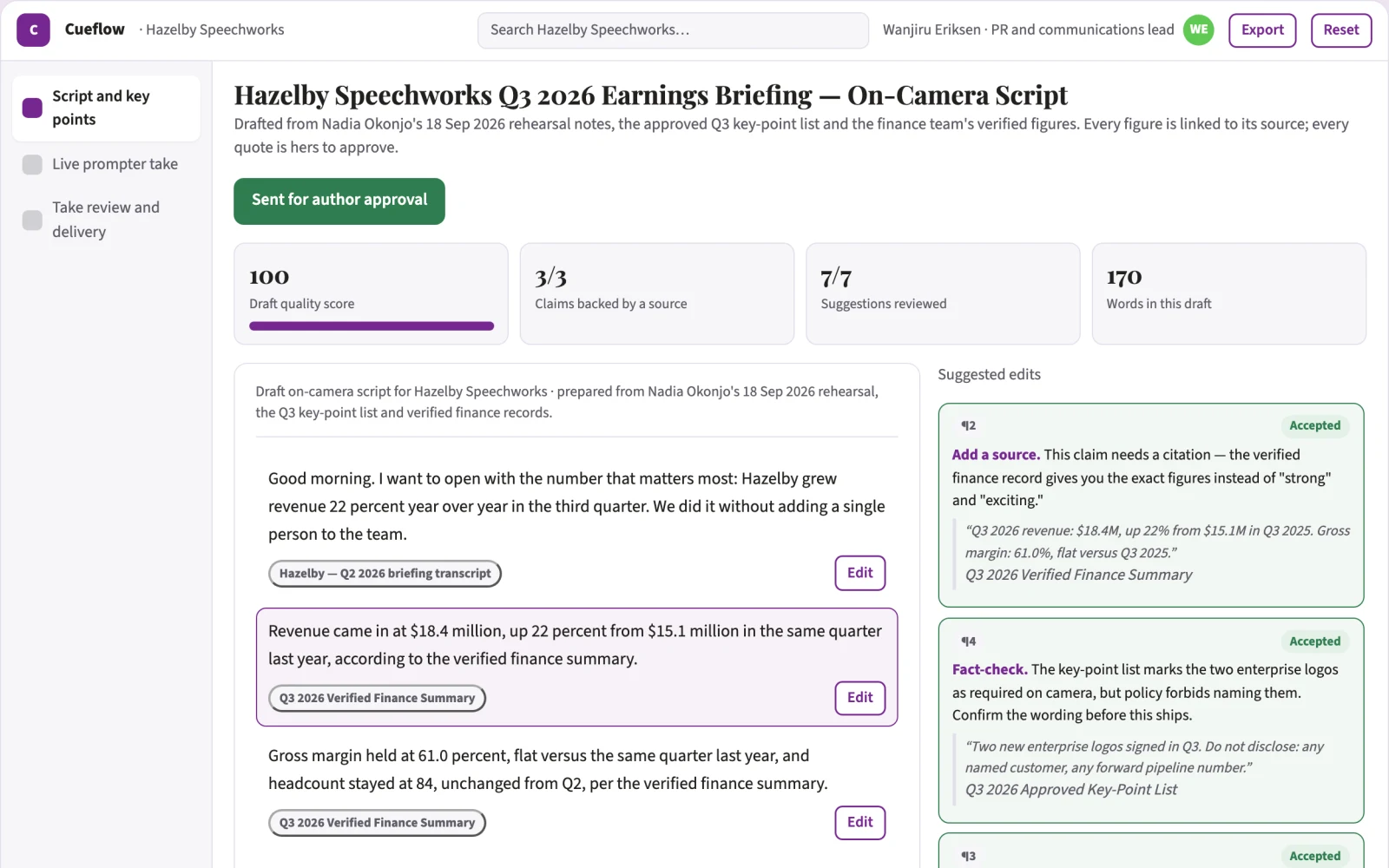Screenshot of the Voice-following on-camera script delivery workspace interactive demo