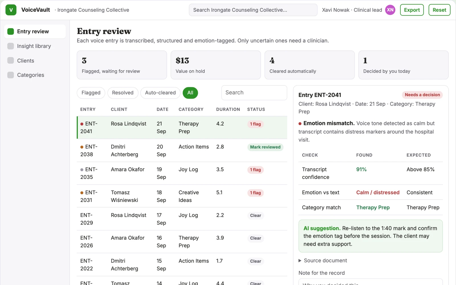 Screenshot of the Voice journal to structured health insight library interactive demo