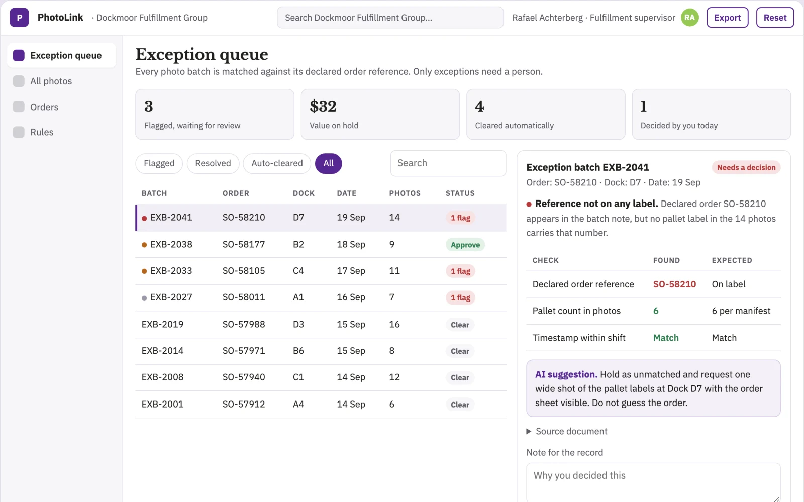 Screenshot of the Warehouse exception photo organizer interactive demo