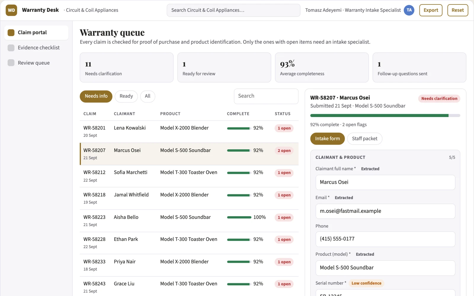 Demo screen of Warranty intake assistant