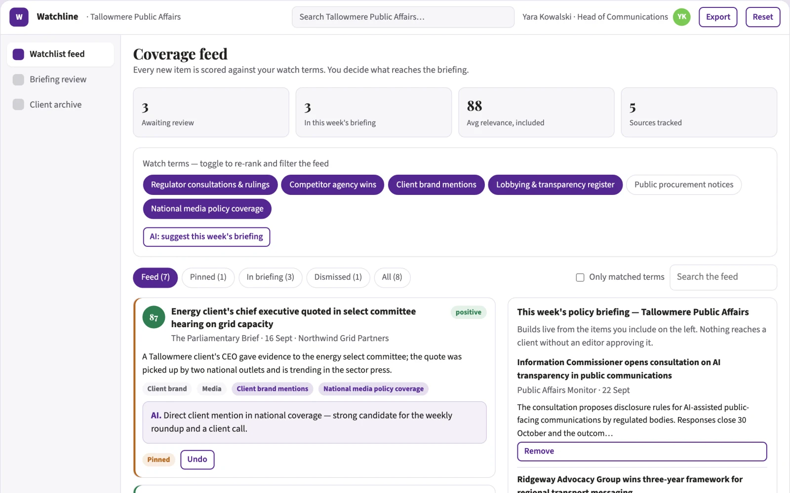Screenshot of the Watchlist change detection and briefing subscription interactive demo