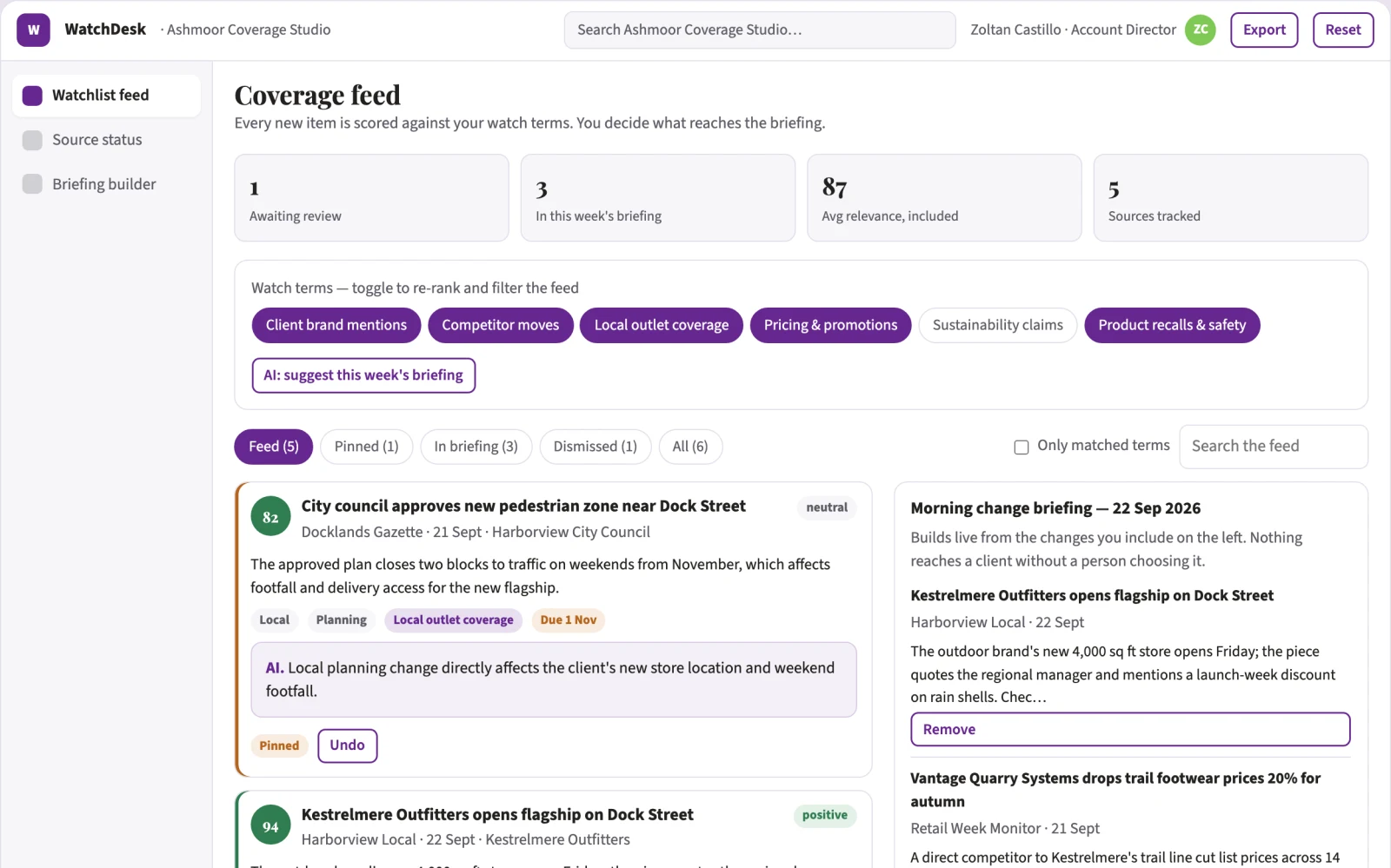 Screenshot of the Watchlist change detection briefing desk interactive demo