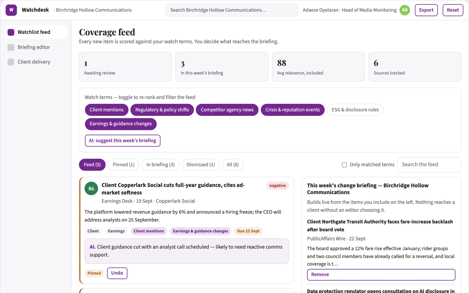 Screenshot of the Watchlist change-detection briefing service interactive demo
