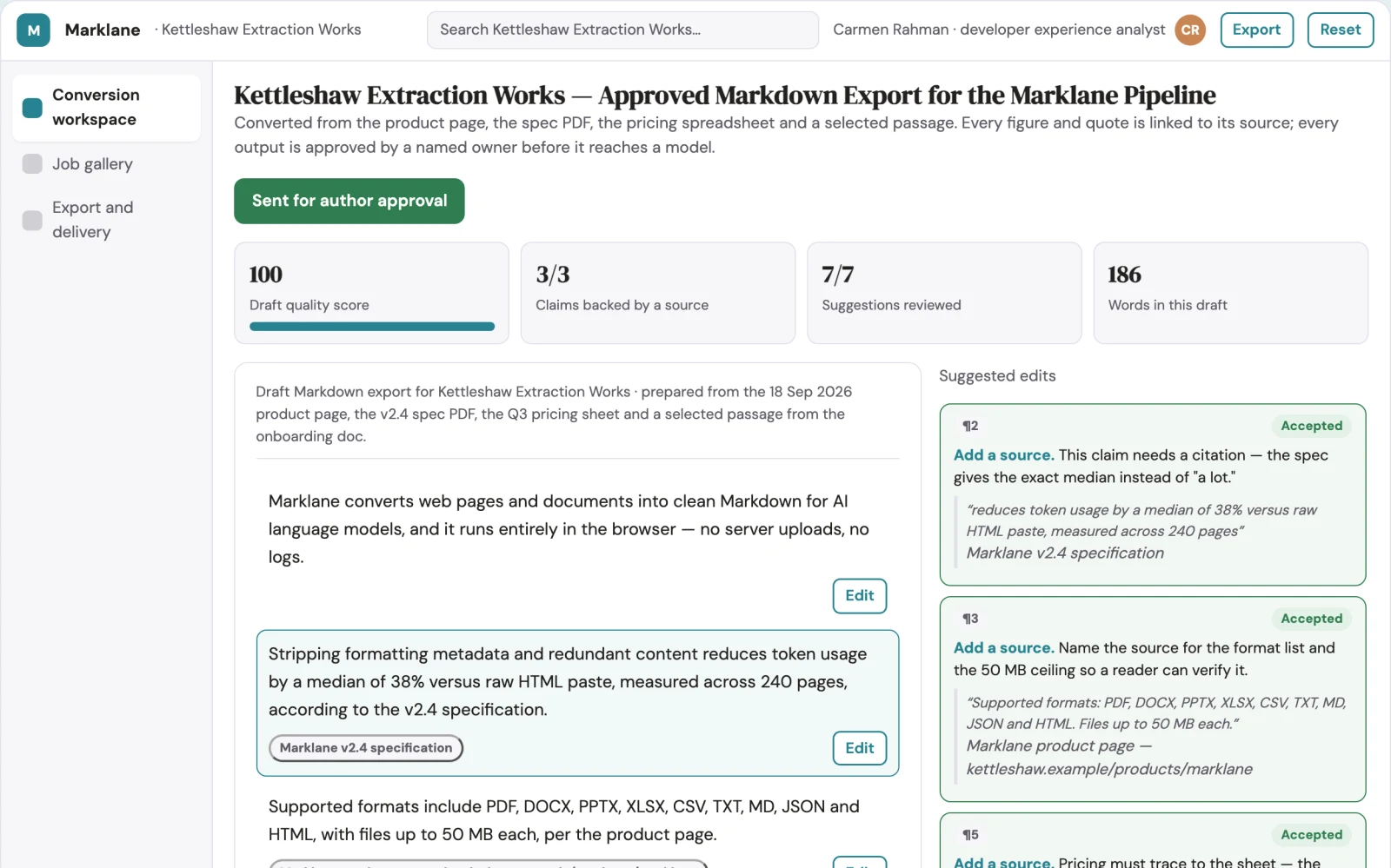 Screenshot of the Web and document to Markdown conversion workspace interactive demo