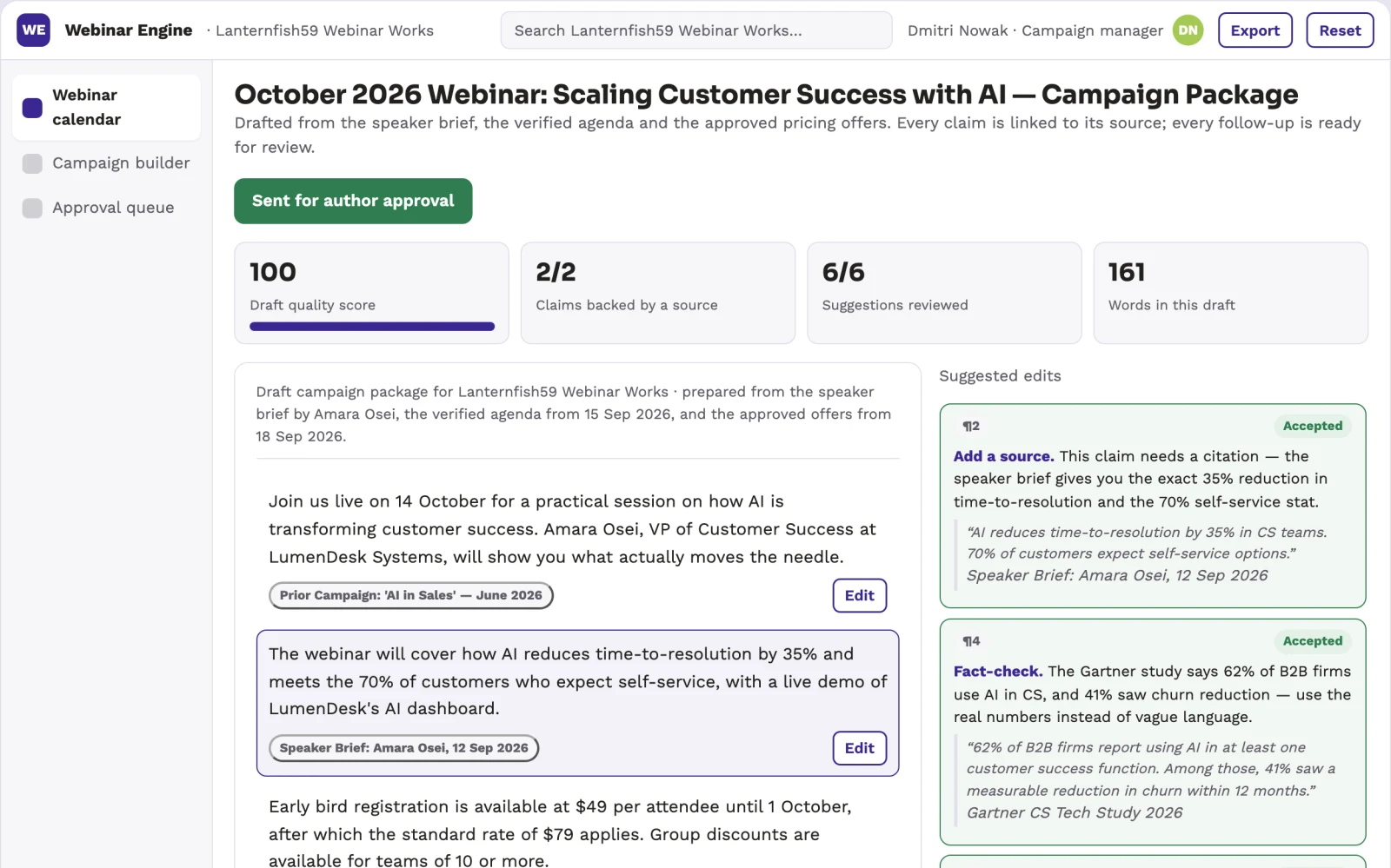 Demo screen of Webinar promotion engine
