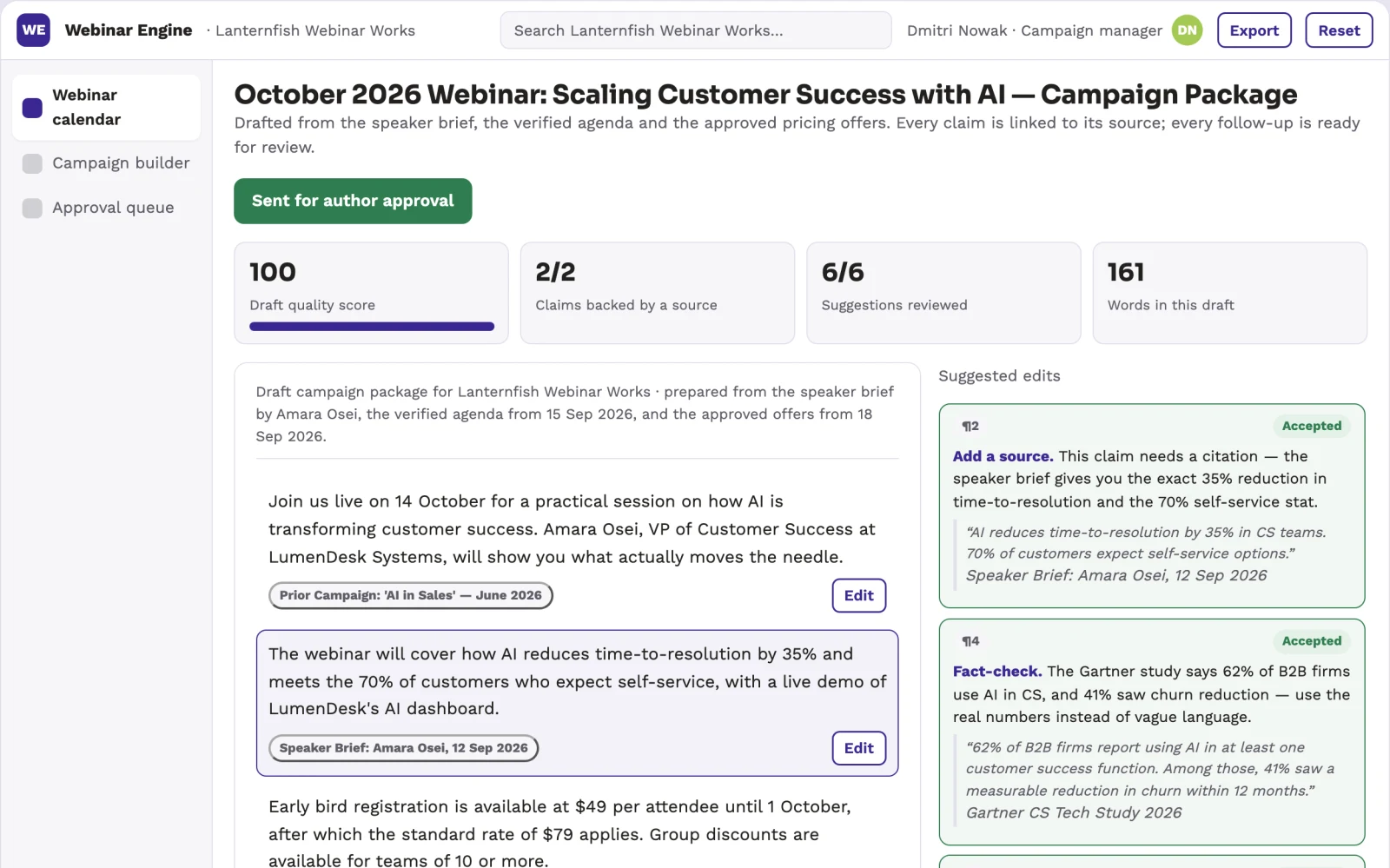 Screenshot of the Webinar promotion engine interactive demo