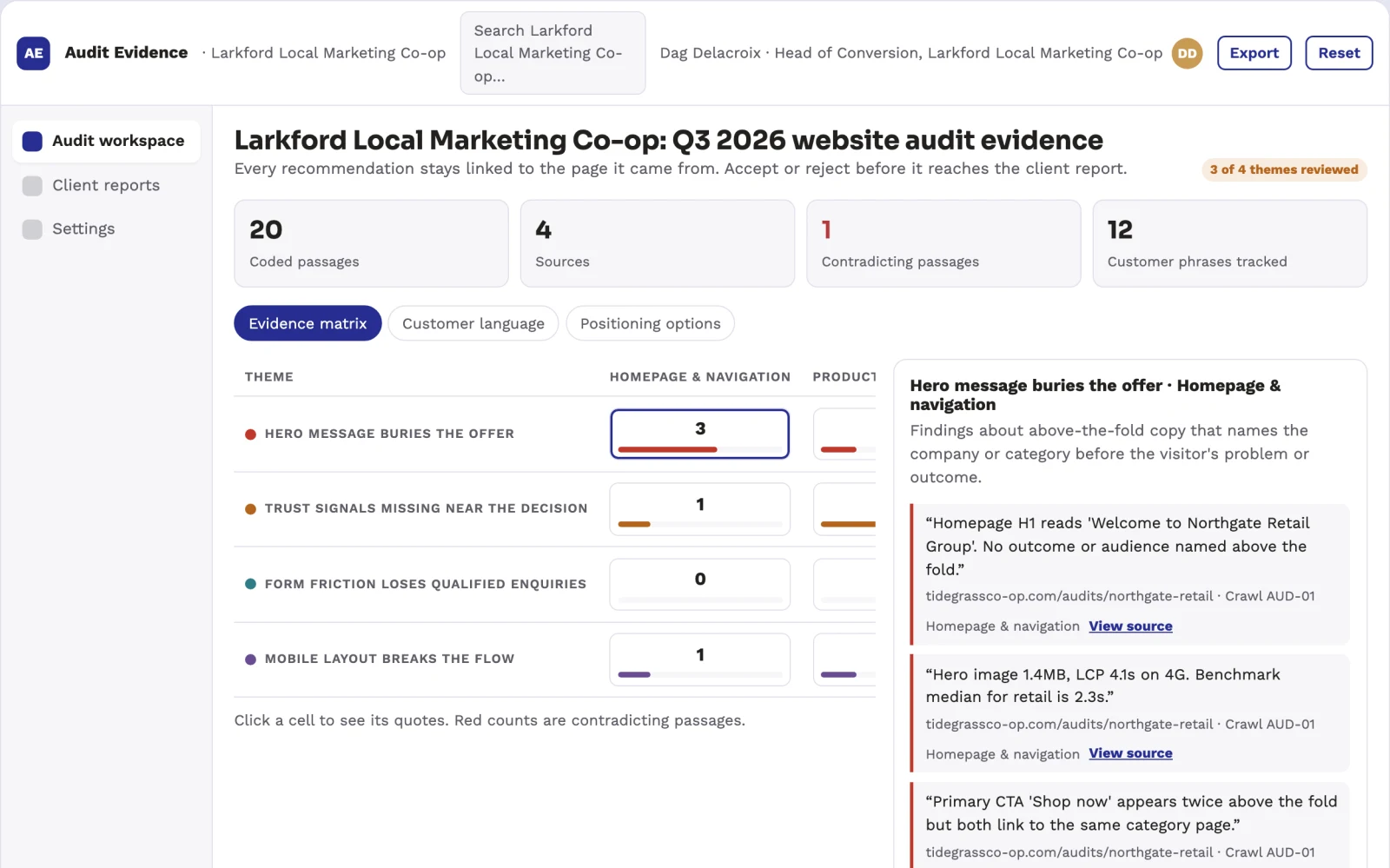 Screenshot of the Website audit and conversion evidence workspace interactive demo