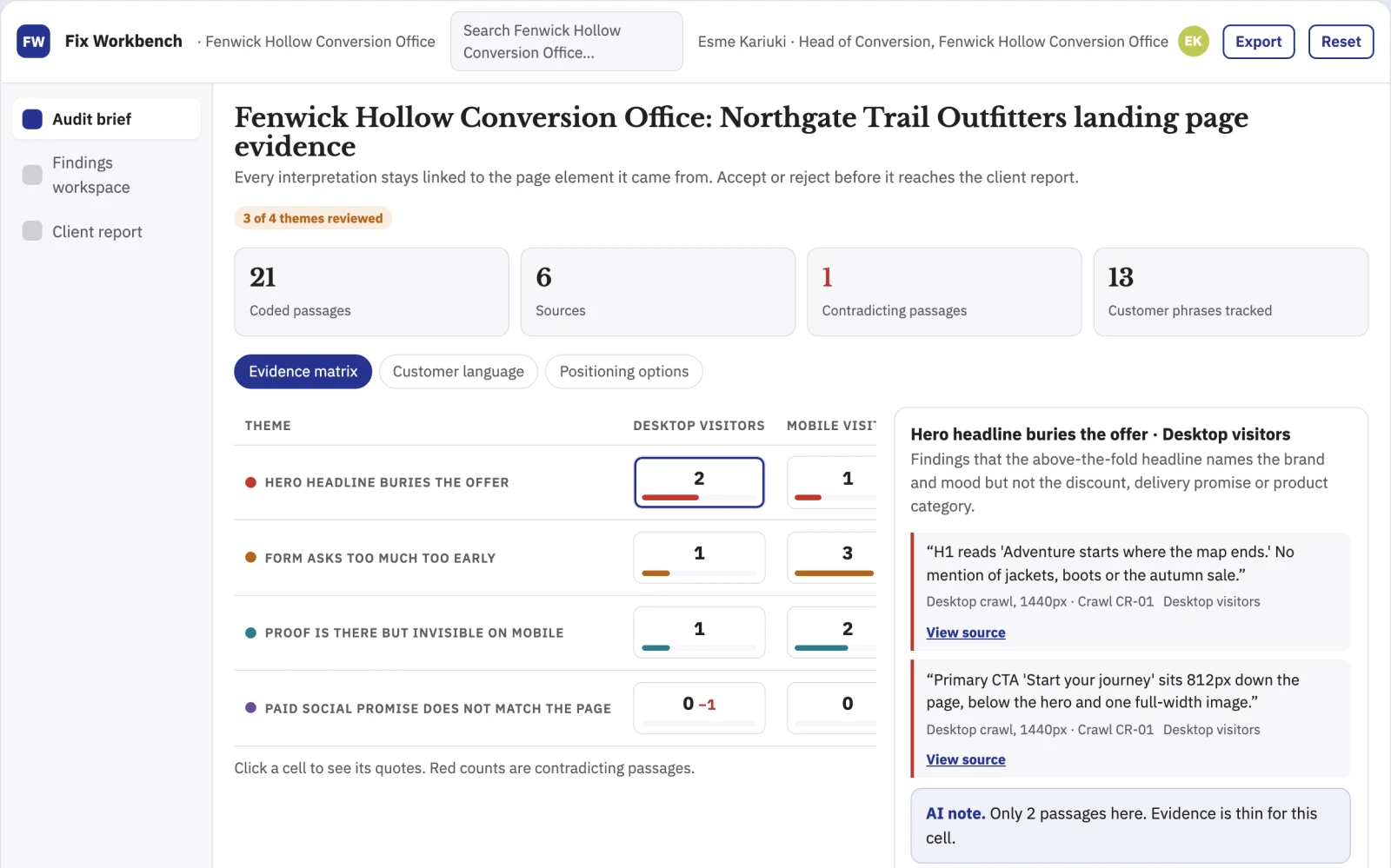 Screenshot of the Website conversion evidence and fix workbench interactive demo