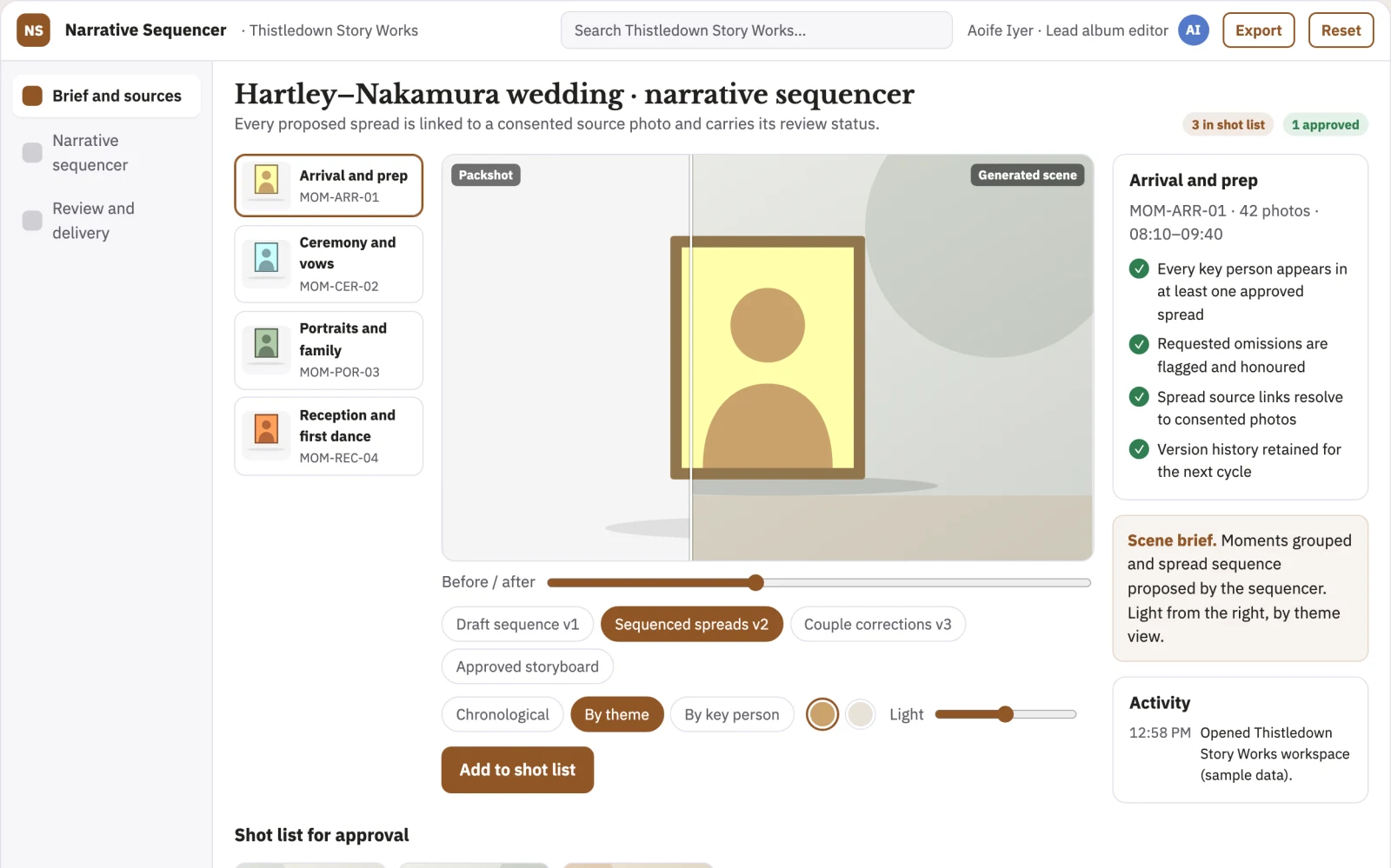 Screenshot of the Wedding album narrative sequencer interactive demo