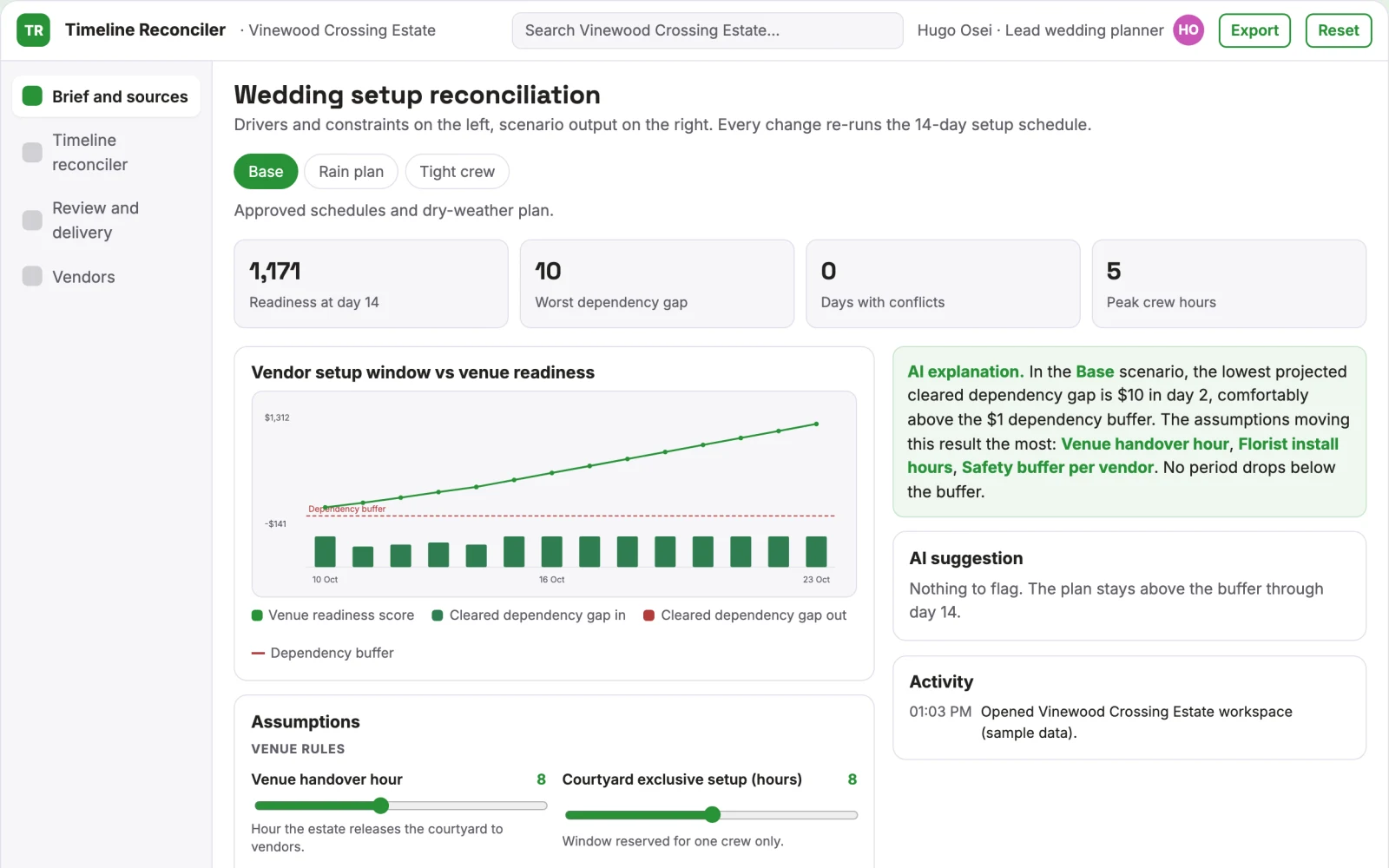 Screenshot of the Wedding vendor timing reconciler interactive demo