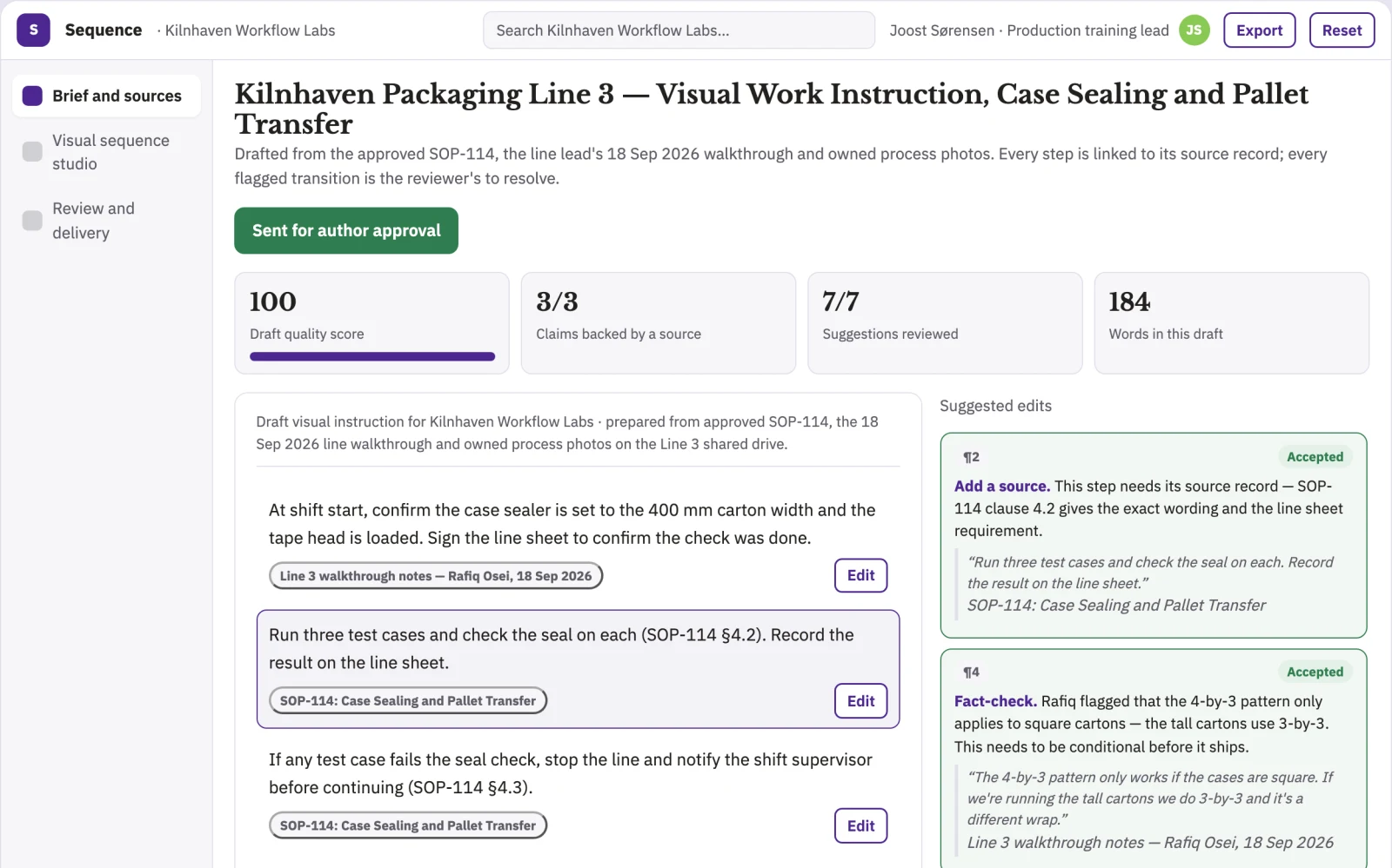 Screenshot of the Work instruction visual sequence studio interactive demo