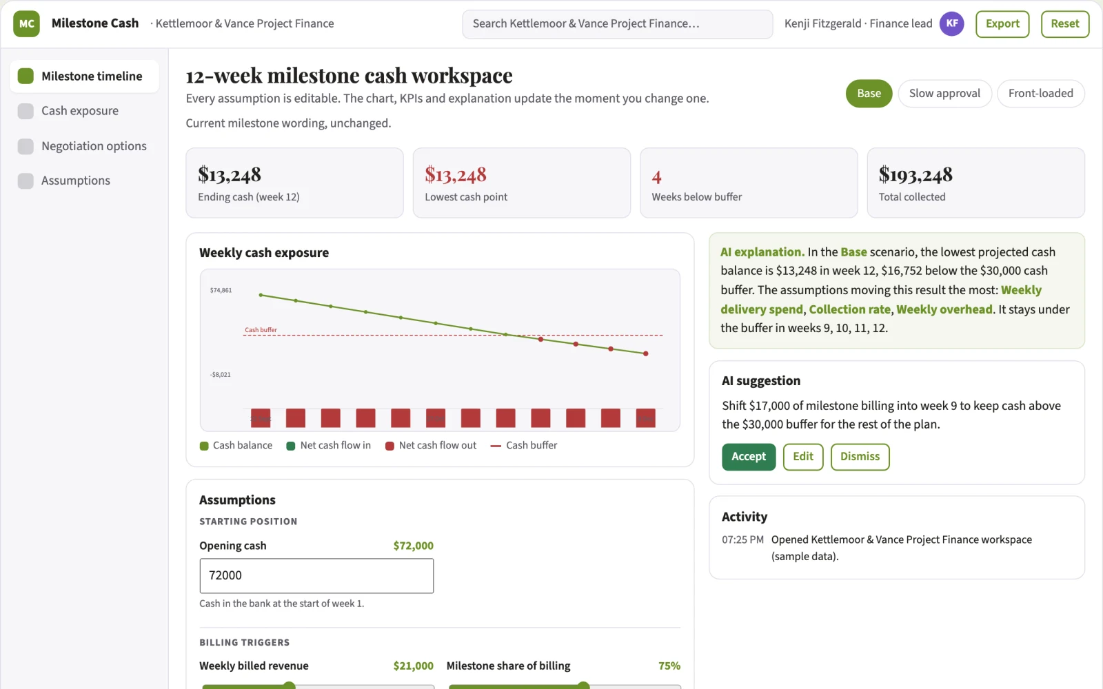 Screenshot of the Working capital milestone planner interactive demo
