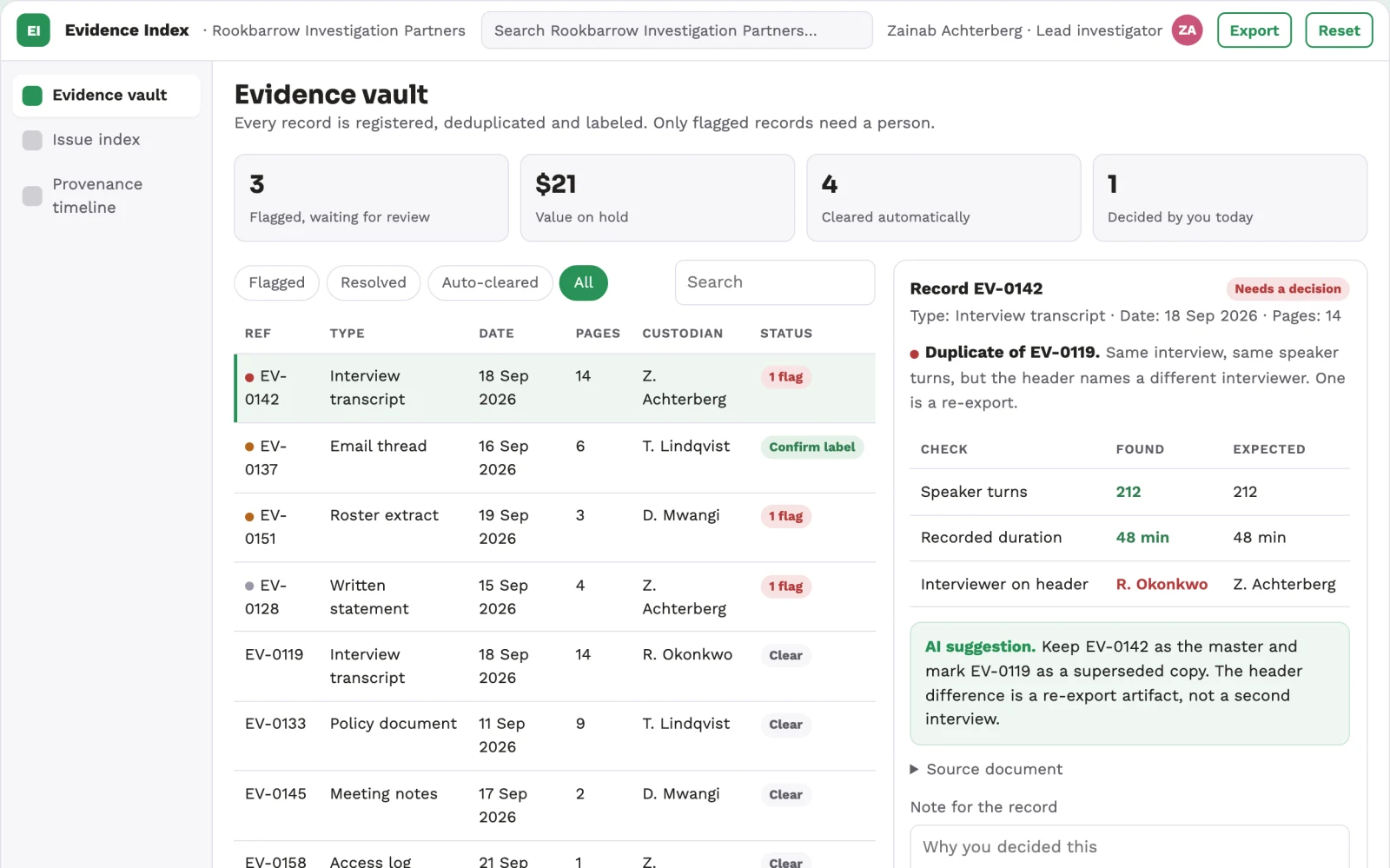 Screenshot of the Workplace investigation evidence index interactive demo