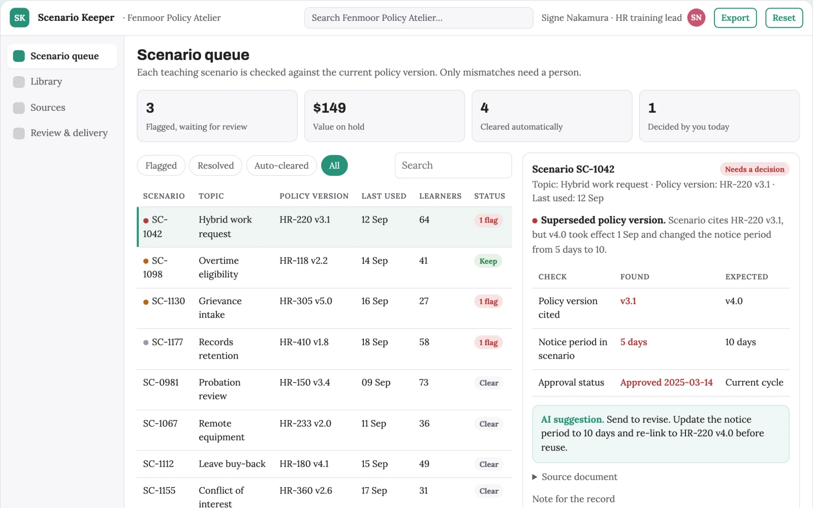 Screenshot of the Workplace policy scenario library interactive demo