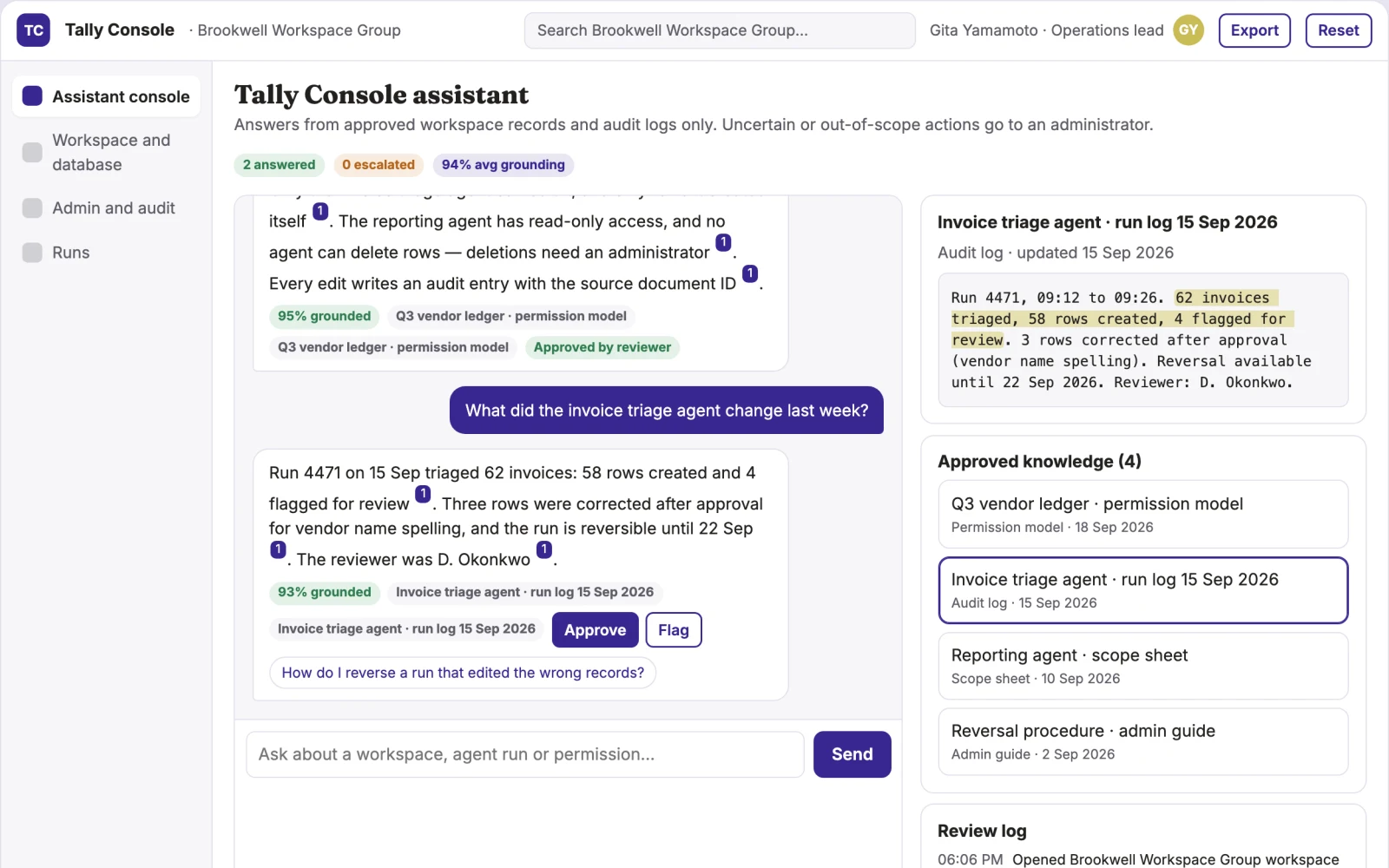Screenshot of the Workspace assistant and admin console interactive demo