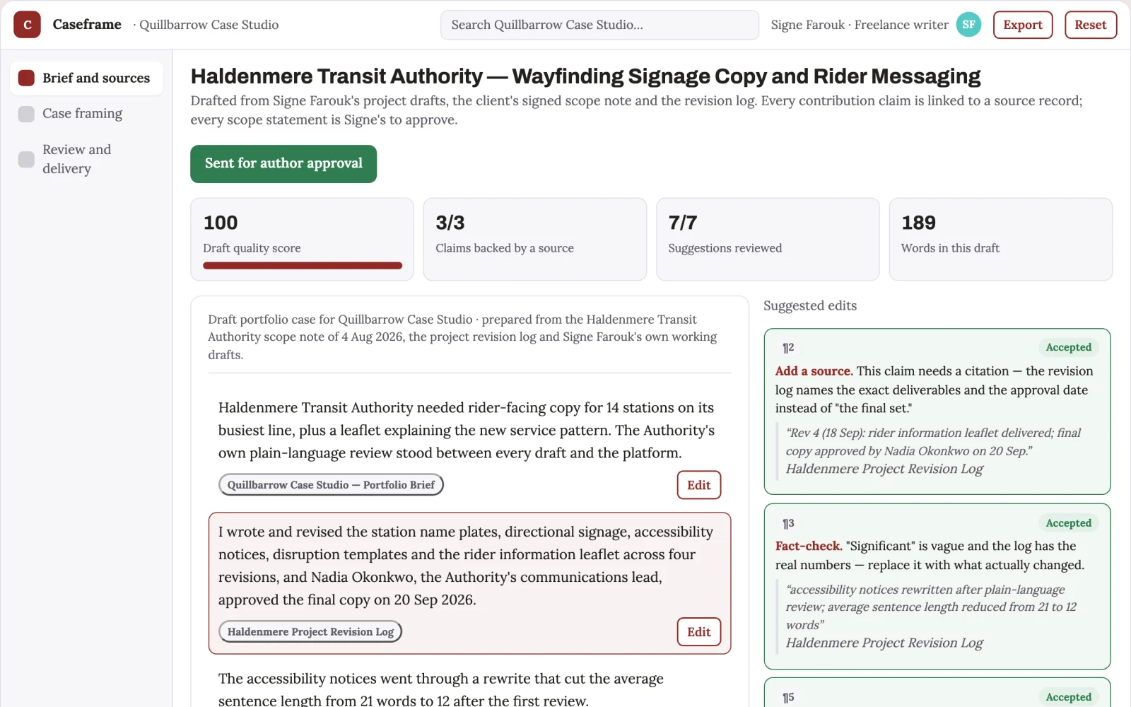Screenshot of the Writing portfolio case framing interactive demo