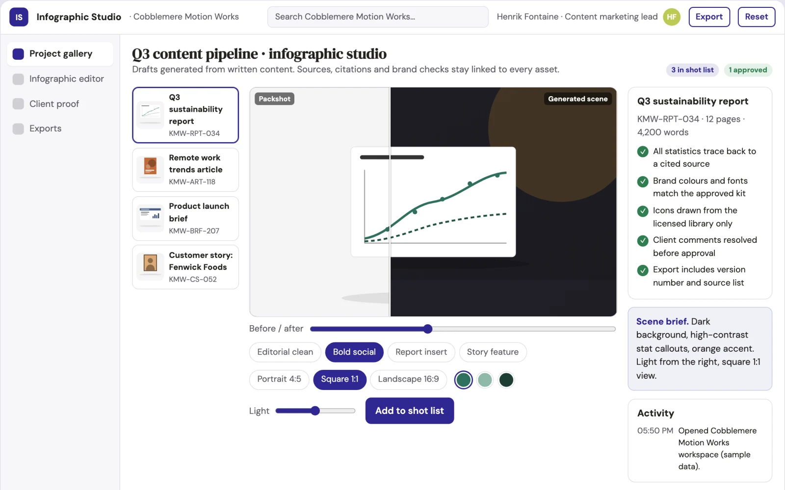 Screenshot of the Written content to shareable infographic production platform interactive demo