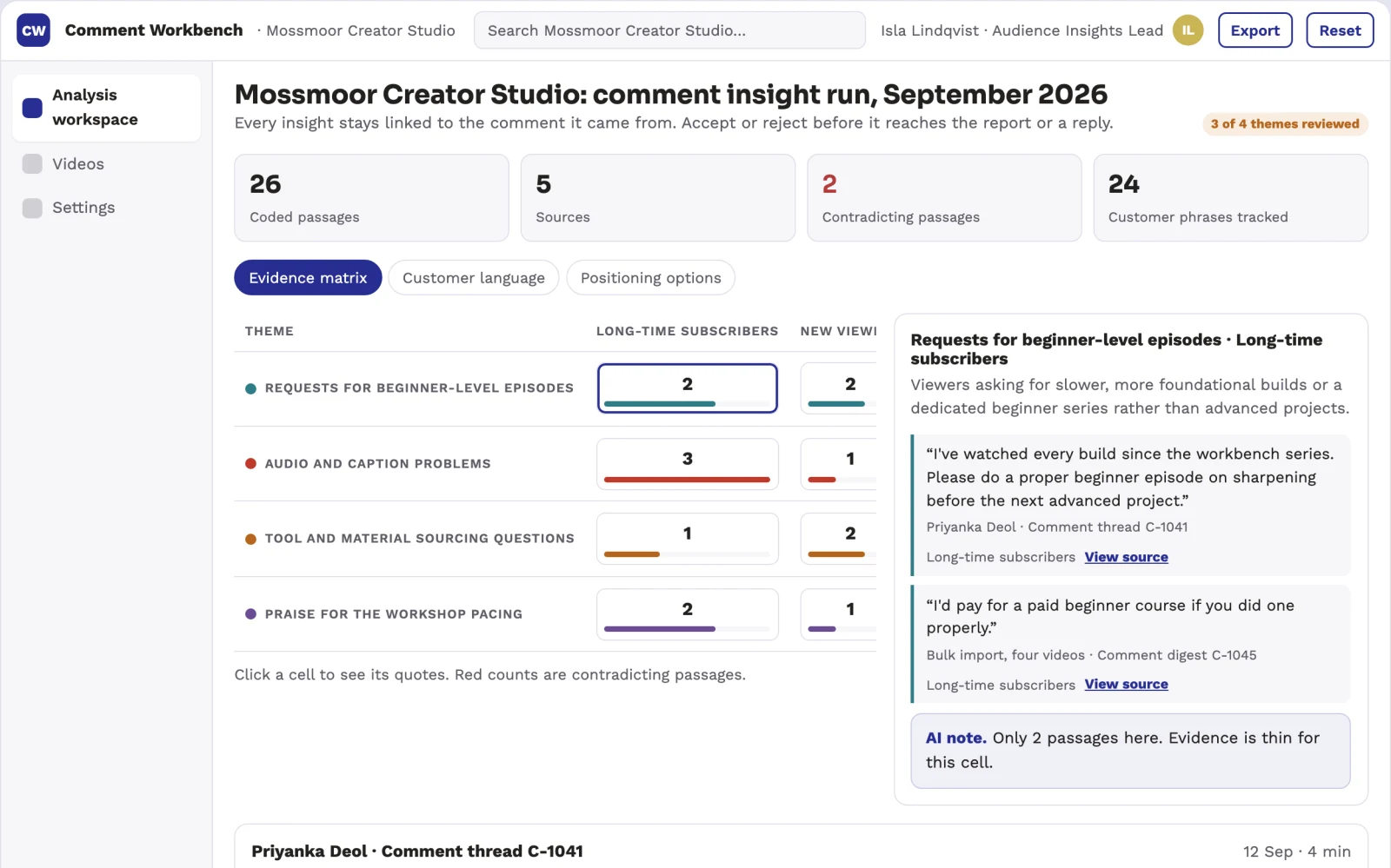 Screenshot of the YouTube comment insight and reply workbench interactive demo